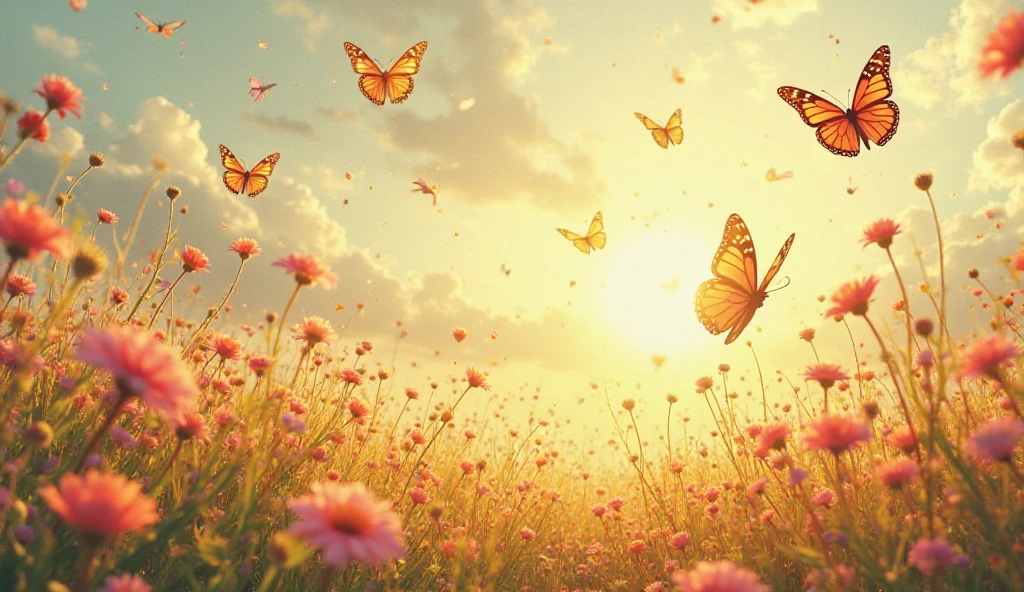 Butterflies flying over a field of flowers with the sun shining - SeaArt AI