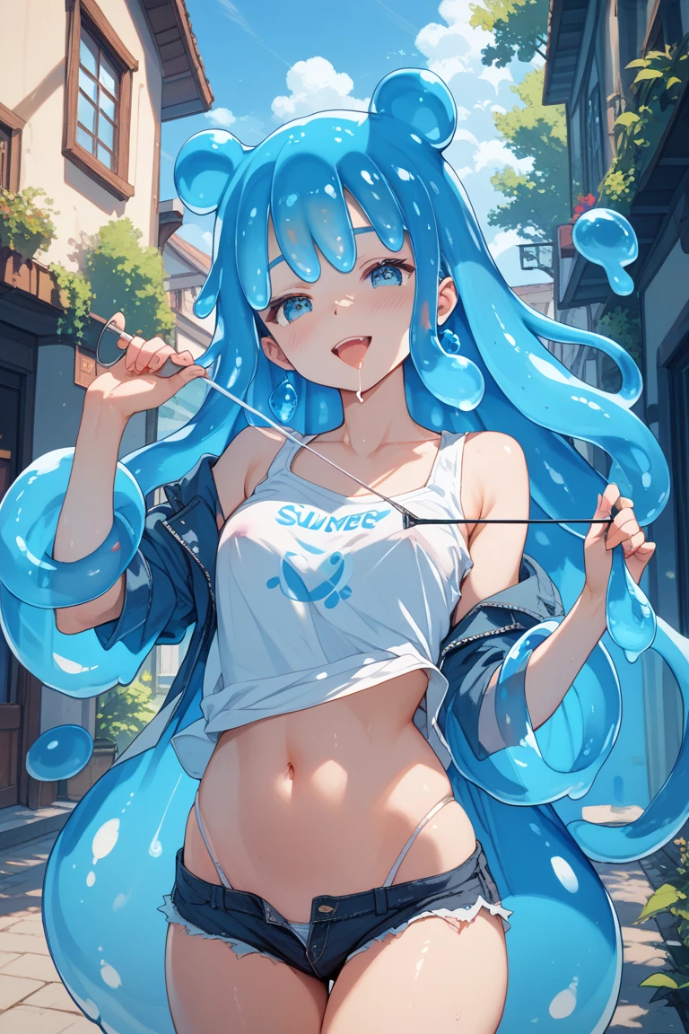 masterpiece, Highest quality, High resolution, One Girl,Browsing Caution,Spread your legs、White panties、Slime Tentacle、Exposing the breasts、White shirt、Light blue hoodie、Black Skirt、