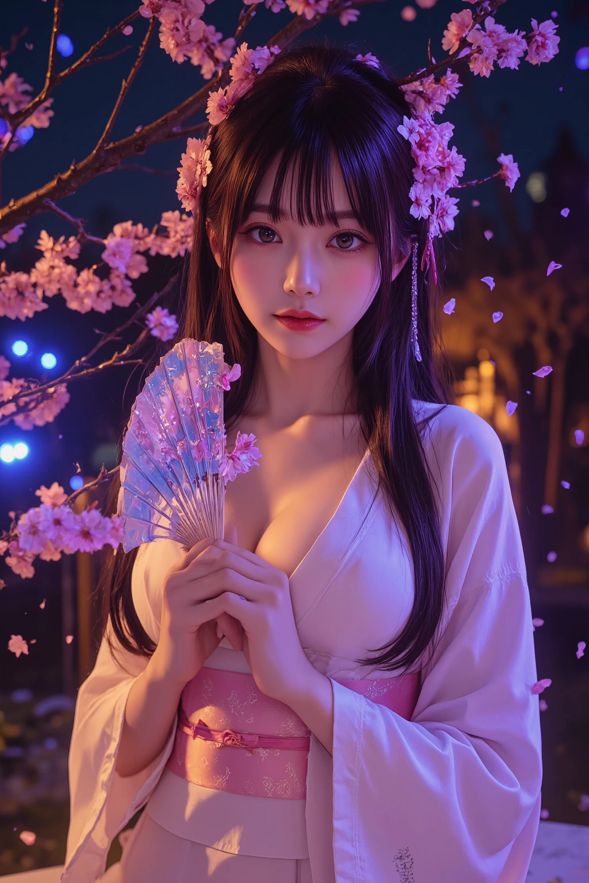 Japanese Beauty , high quality, high definition, genuine leather , beautiful face, medium hair, With arms wide open、Wear a neat kimono, Underwear and lips with fluorescent top and bottom, covers nipples、Holding a glowing fan、A Japanese cherry garden that is fantastically illuminated at night, cherry blossoms dance, lens flare, Cherry blossom petals dance on the screen, cowboy shooting
