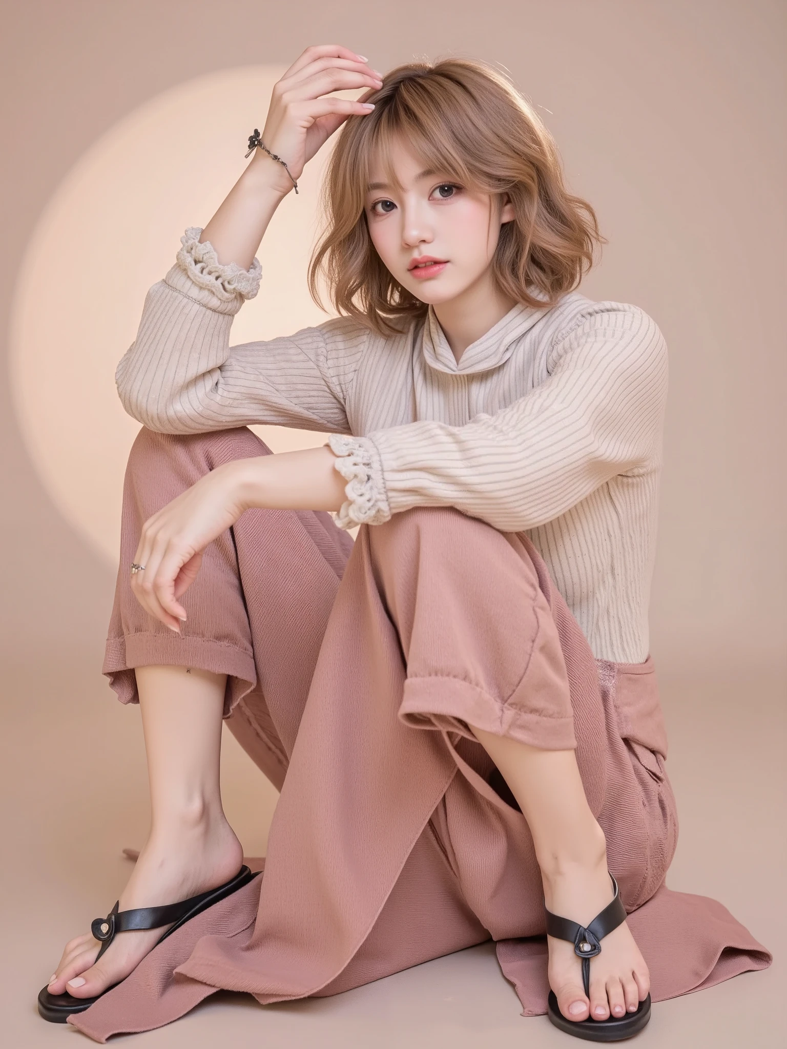 Girls who like rakugo storytellers、Age、Mid 20s、Slim body type、About 160 cm tall 、hairstyle has a lively feel and is semi-long and slightly curly、Hair color is light brown、Feeling lively、Clothes are casual but not too rough