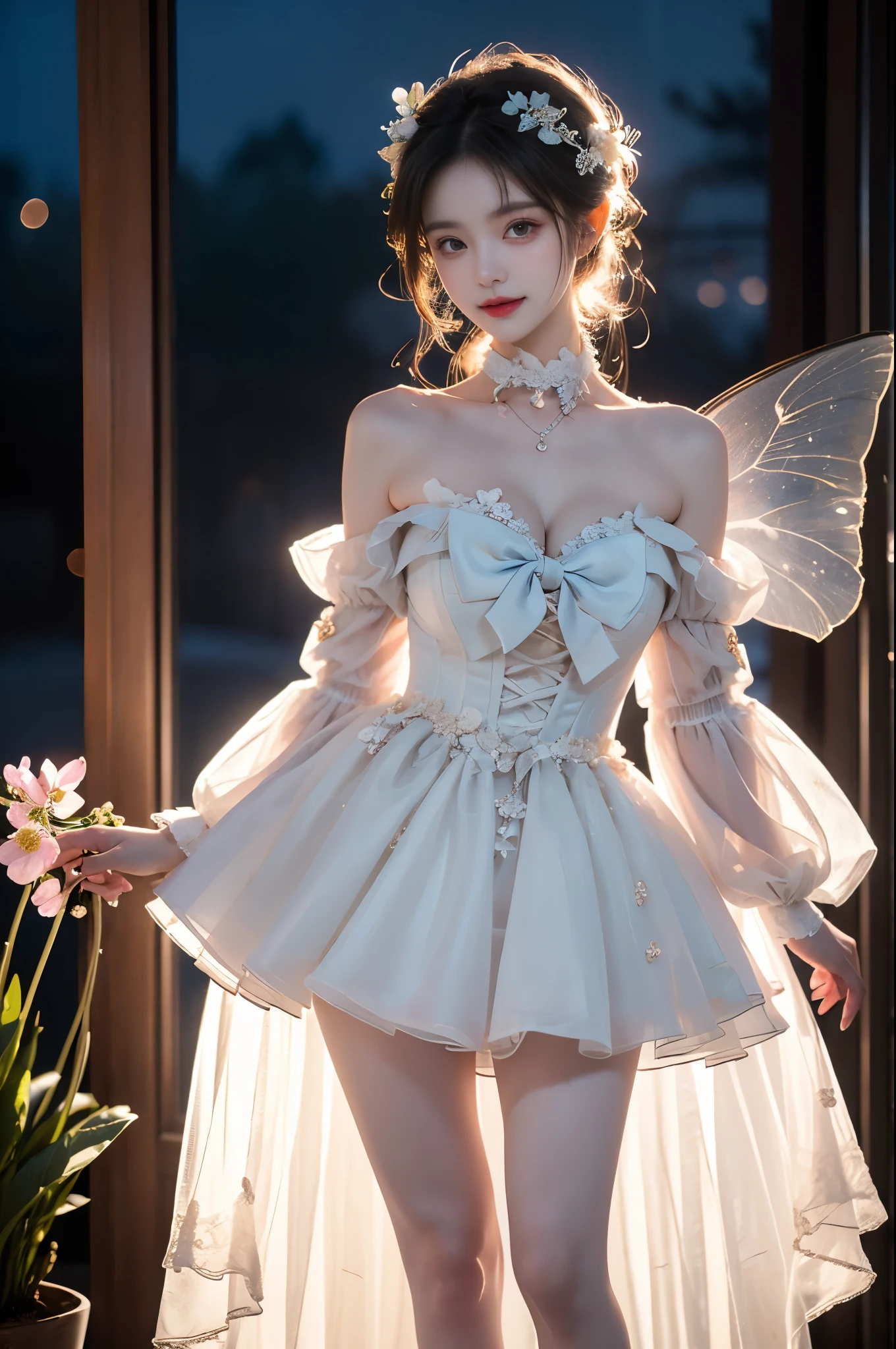 Beautiful dance pose, She gently lifted her skirt with one hand,头发周围有白色的Butterfly兰,Lilac dendrobium、White Lily, Long legs , Deep in Wonderland, ((Flowing long hair))Official Art , Unity8k Wallpaper , Extremely detailed , Visible cleavage, Pretty and beautiful , 性感Long legs, masterpiece , best quality ,Practical, Very detailed illustrations ,Extremely detailed , Intricate details , Extremely complex and detailed , Very detailed 8KCG wallpaper , Caustics .reflection , Ray Tracing , Devil theme ,nebula ,Dark aura, Network Effects , (1 girl)solitary , 小蓝Butterfly , (Blue plasma flame , (insect , Butterfly)) Pastel tones in Rococo style ,Light white and light dark red , Incredibly beautiful , Cherry blossoms , Surrealism ,painting , Ethereal , Mixing reality and fantasy elements ,Ray Tracing , Complex Mode , Exquisite lines , Perfect your hands, Starry Sky , Colorful , Star