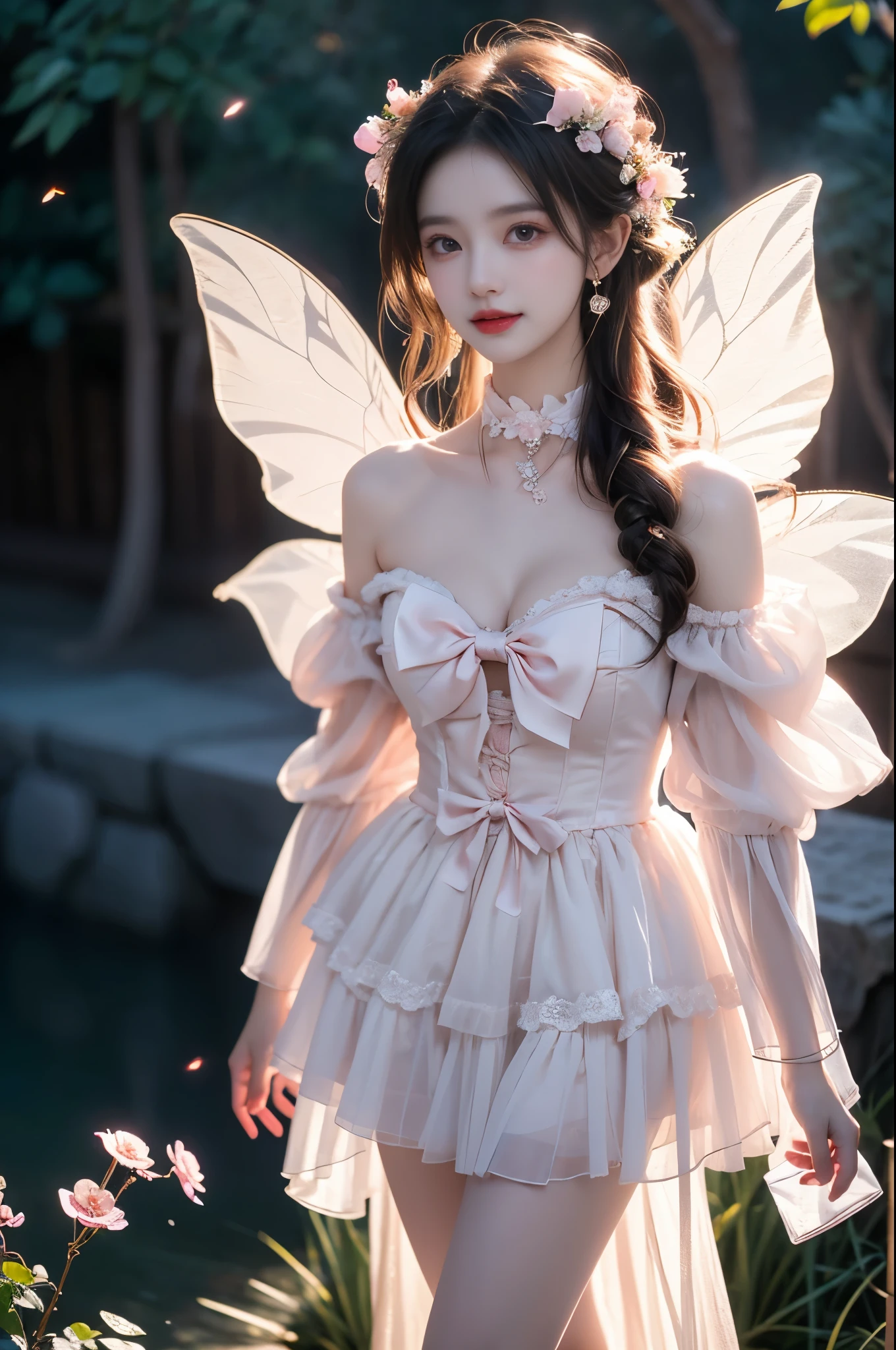 pink dress,pink sleeves, dress bow,layered dress,choker,butterfly wings,hair flower,long dress, ,,(knee shot:1.3), A stunningly beautiful woman standing gracefully,(Night:1.3, moonlight:1.2, fireflies, blue plasma flames), (elegant standing pose:1.2), (seductive leg pose:1.3), (Full bust, visible cleavage, Very short hemline), natural lighting, soft shadows, shallow depth of field, professional photography. defined cheekbones, expressive eyes, subtle smile, soft and delicate features. Her hair is flowing and adorned with the flowers, a gentle breeze, creating a sense of whimsy and natural beauty. A hint of allure, Focus on the beauty and serenity of the scene.