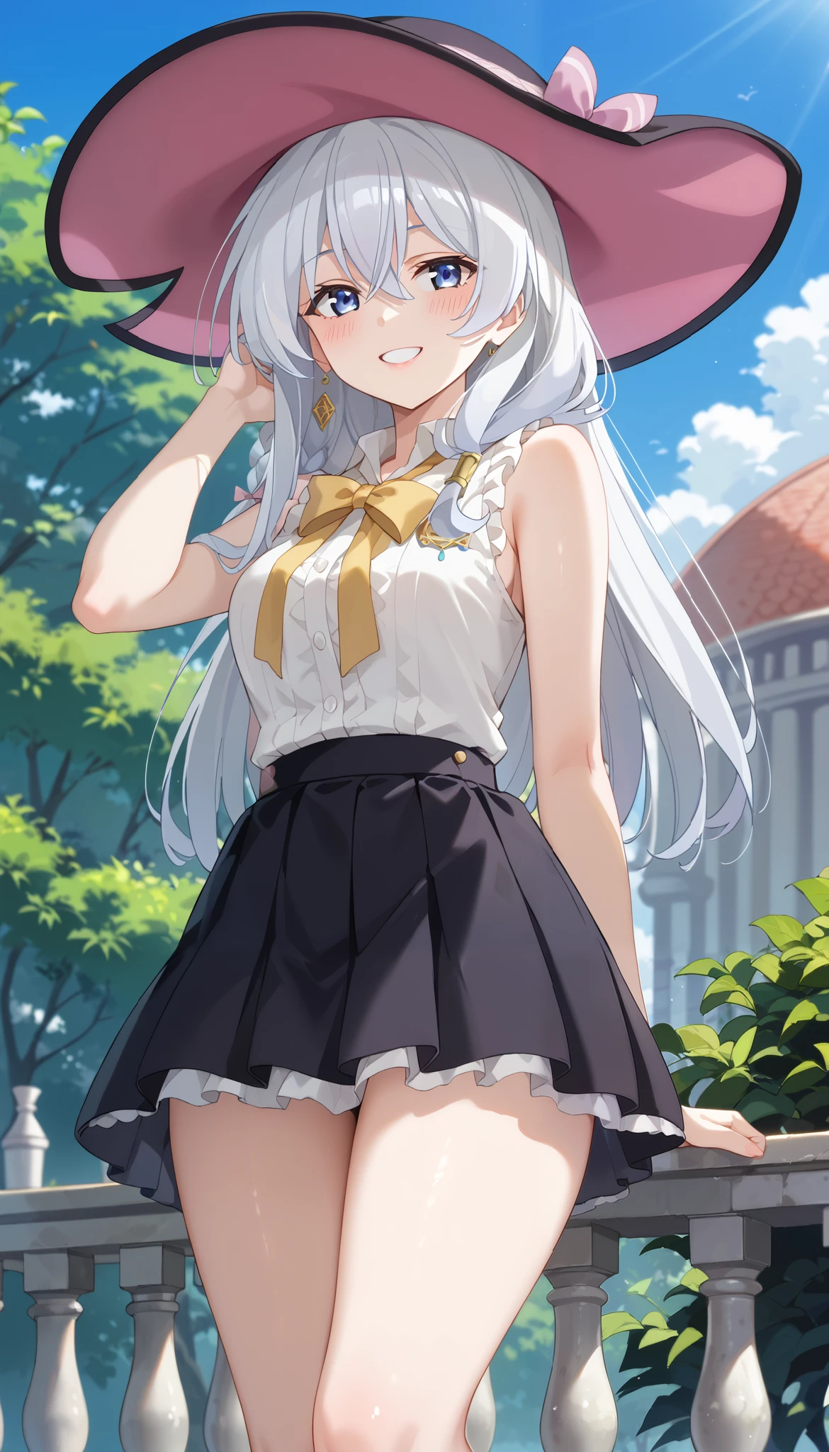 Elaina (Majo no Tabitabi)、white sleeveless shirt、black skirt、Slim and beautiful thighs、 Silver Hair、1 person、Outdoors、low angle、smile、Ulchan-6500-v1.1, ( RAW photos :1.2), beautiful detailed, very detailedな目 美しい目, beautiful eyes、Blue eyes、large file size, high definition, very detailed, top quality, [masterpiece:1.6], Awareness-raising, very detailed, finely, top quality, 8K wallpaper,  Perfect Body 、very detailed、blushes