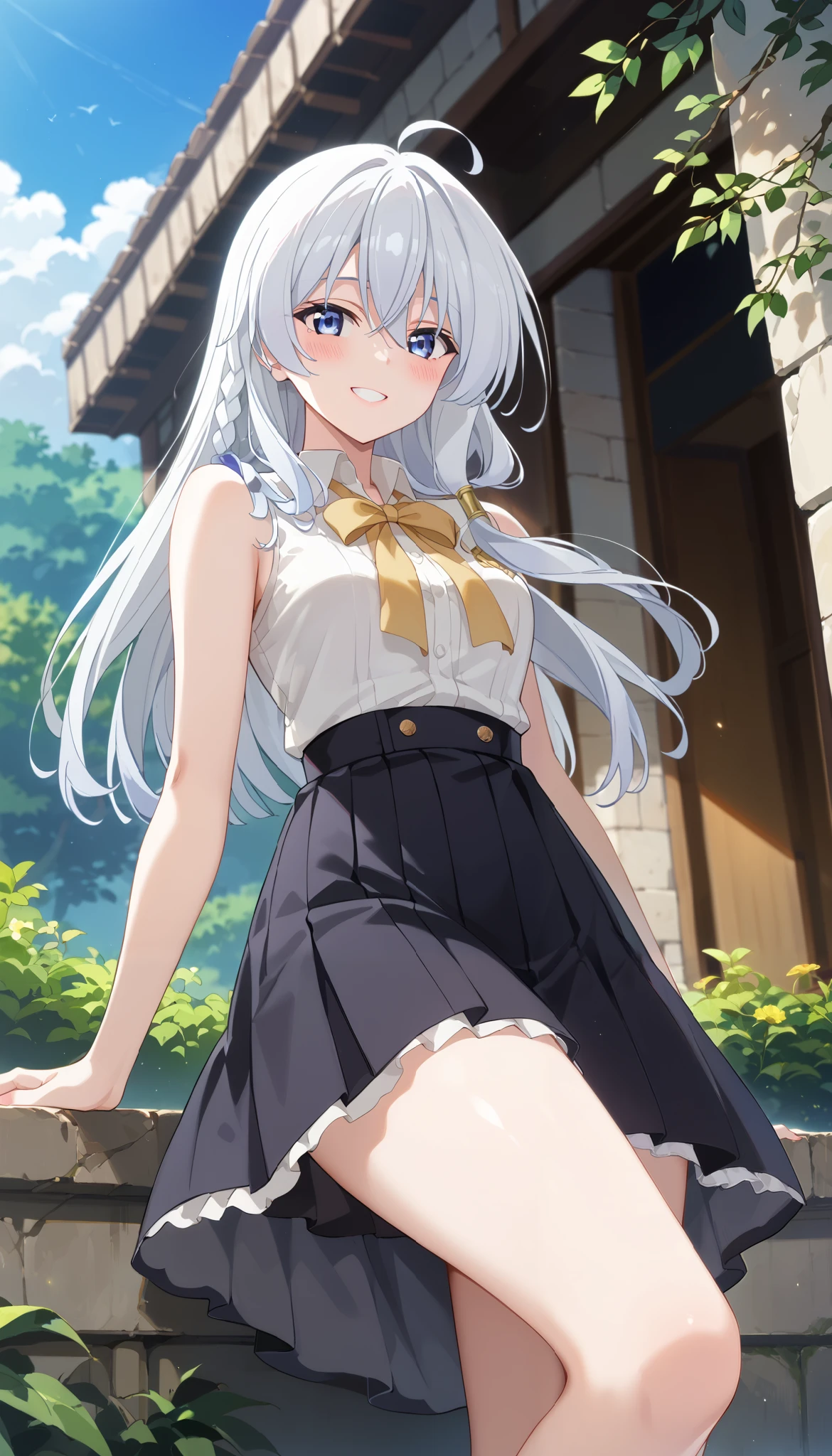 Elaina (Majo no Tabitabi)、white sleeveless shirt、black skirt、Slim and beautiful thighs、 Silver Hair、1 person、Outdoors、low angle、smile、Ulchan-6500-v1.1, ( RAW photos :1.2), beautiful detailed, very detailedな目 美しい目, beautiful eyes、Blue eyes、large file size, high definition, very detailed, top quality, [masterpiece:1.6], Awareness-raising, very detailed, finely, top quality, 8K wallpaper,  Perfect Body 、very detailed、blushes