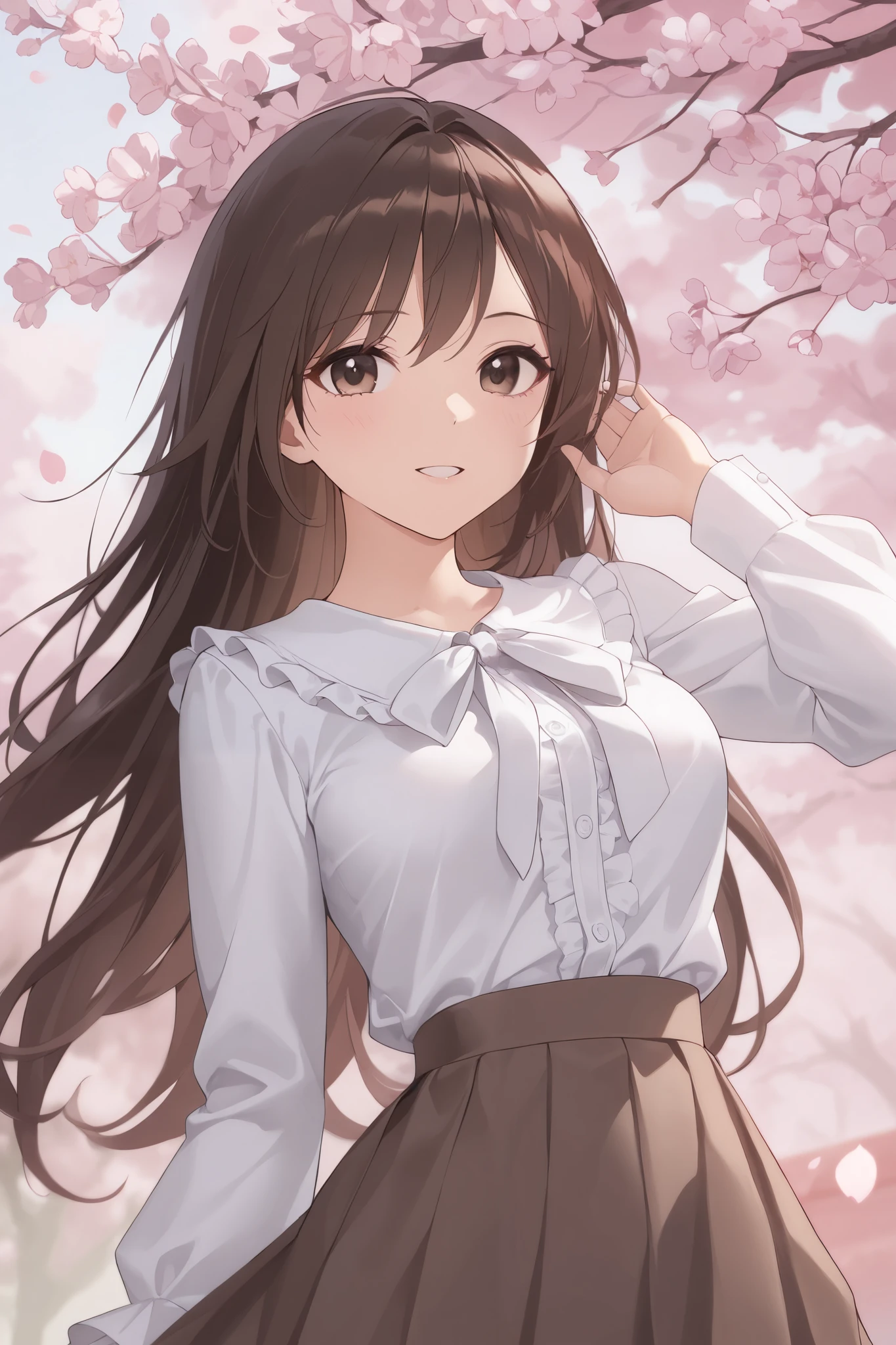 Woman looking at cherry blossoms、Blown by the spring breeze fixes unruly long hair、 dark brown hair、 long sleeve blouse、skirt