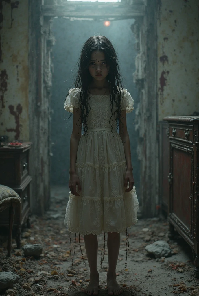 Depressed girl、Long black hair、Small Nose、Skinny body、Brown eyes、Thin lips、Inpatients、Real、A dark corridor in a dilapidated Western-style building、