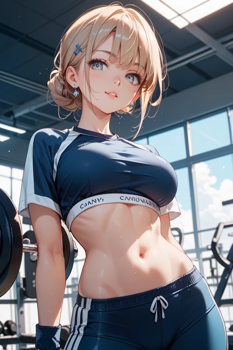 ((((masterpiece, best quality, high resolution)))), Extremely detailed 8K, 1 female, wearing a white crop top and black gym shorts, (Ultra HD, Ultra-detailed, Highly detailed, Highly realistic, Ultra-realistic, photograph realistic), (1girl:1.5), (Realistic green short hair), (dynamic poses), facing at camera, looking at viewer, (a smiling face), (regular hazel eyes, sharp eyes), (perky breasts:1.2), (beautiful detailed face, beautiful detailed eyes), ((slightly sweating)), (preparing for a workout), sweat, glow, (sunbeam, sunlight), ((cowboy shot)), gym background, seductive, EnvyBetterHands LoCon,