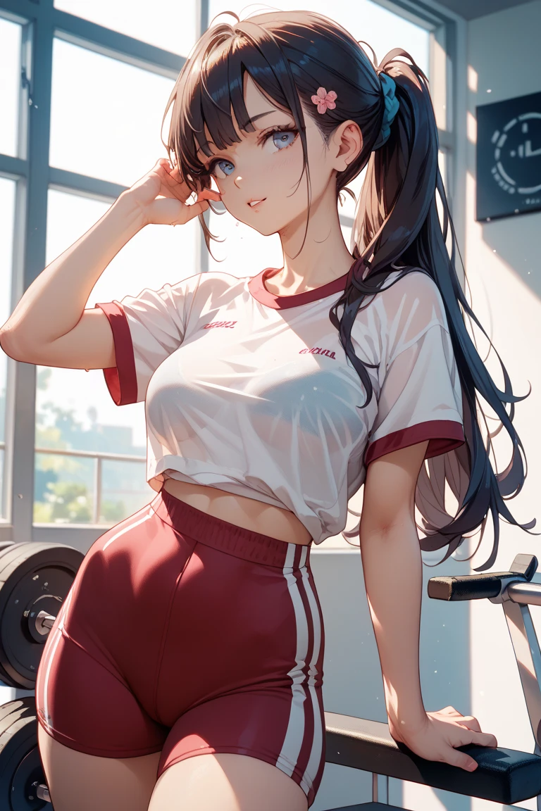 (highest quality,4K,8K,High resolution,table top:1.2), Super detailed, (realistic,photorealistic,photo-realistic:1.37), ,beautiful girl,((sweat)),((left arms up)),((jump)),,(grin and laugh),((caramel hair color)),((medium long hair)),((ponytail hairstyle)), ((messy hair)),((T-shirt and black leggings)), ((off-shoulder design T-shirt)),((long length T-shirt)),((dancing in the gym)),((loose Socks)),((loose socks)),(sneakers),espadrilles,beautiful and detailed eyes, beautiful detailed lips, highly detailed eyes and face, long eyelashes, realistic anime 3D style, Smooth anime CG art, Digital rendering by Makoto Shinkai, Moe anime art style, photorealistic rendering of an anime girl, Shinkai Makoto style, Cute anime girl visuals, realistic young anime girl, girl fan art, Created by Anime Artist&#39;studio of.
