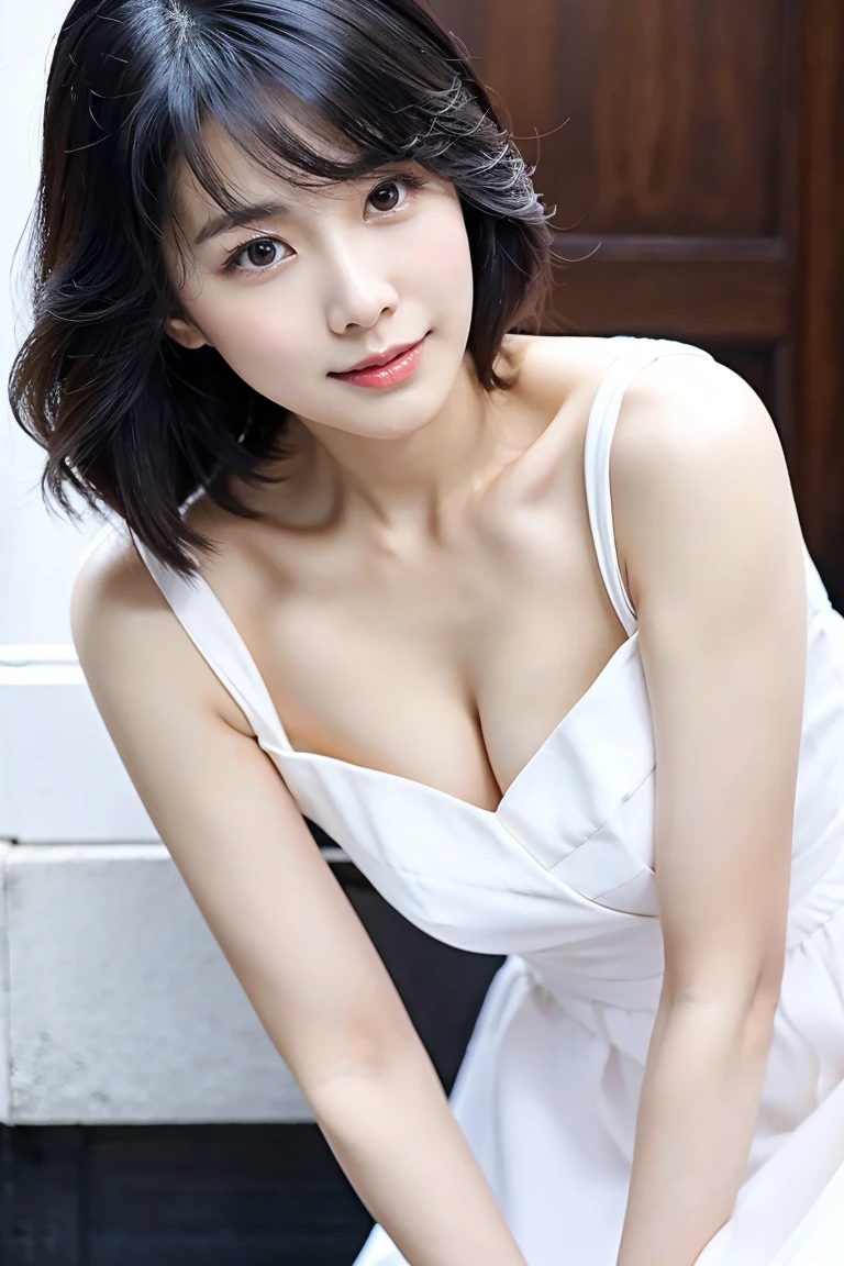 1woman、(Super beautiful)、(beauitful face:1.5)、japan Racing Queen、tall、(with spreading legs:1.2)、(white maxi dress)、Brown short hair、A bracelet、anklets、(studio shoot)、light brown background, photoshoot in studio