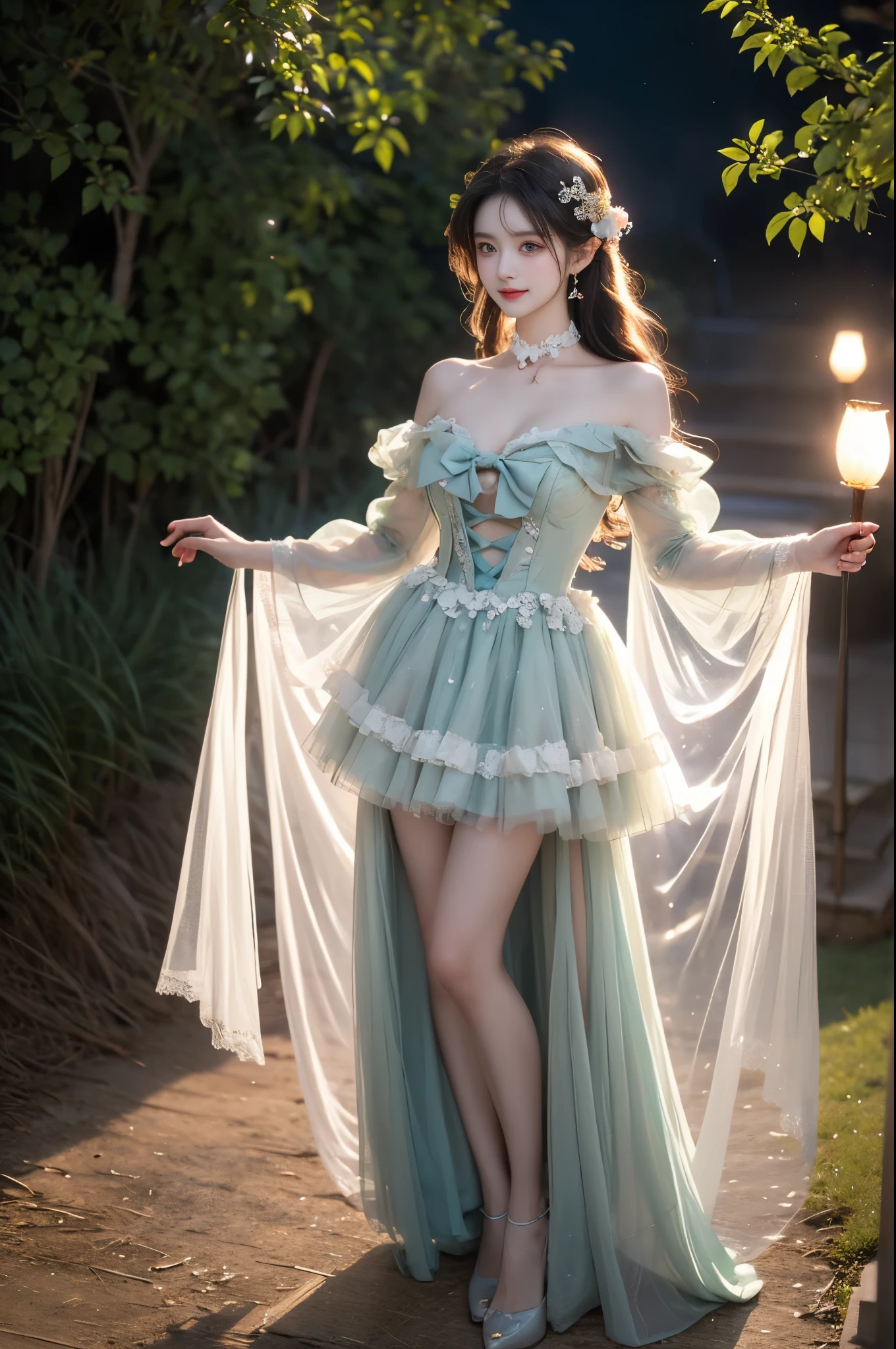 green dress,green sleeves, dress bow,layered dress,choker,butterfly wings,hair flower,long dress,  ,,(full body:1.3),  A stunningly beautiful woman standing gracefully,(Night:1.3, moonlight:1.2, fireflies, blue plasma flames),  (elegant standing pose:1.2), (seductive leg pose:1.3), (Full bust, visible cleavage, Very short hemline), natural lighting, soft shadows, shallow depth of field, professional photography.        defined cheekbones, expressive eyes, subtle smile, soft and delicate features.        Her hair is flowing and adorned with the flowers, a gentle breeze, creating a sense of whimsy and natural beauty.        A hint of allure,   Focus on the beauty and serenity of the scene.      