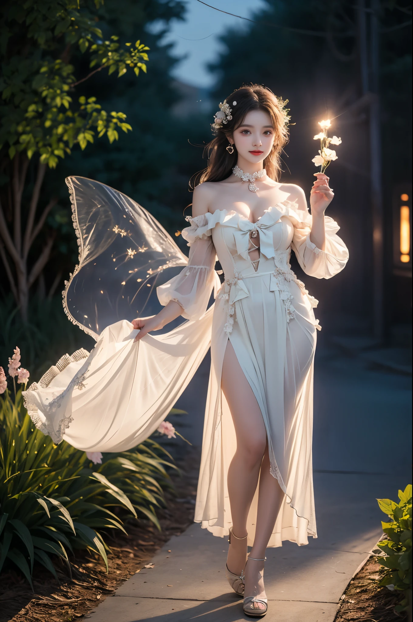 green dress,green sleeves, dress bow,layered dress,choker,butterfly wings,hair flower,long dress,  ,,(full body:1.3),  A stunningly beautiful woman standing gracefully,(Night:1.3, moonlight:1.2, fireflies, blue plasma flames),  (elegant standing pose:1.2), (seductive leg pose:1.3), (Full bust, visible cleavage, Very short hemline), natural lighting, soft shadows, shallow depth of field, professional photography.        defined cheekbones, expressive eyes, subtle smile, soft and delicate features.        Her hair is flowing and adorned with the flowers, a gentle breeze, creating a sense of whimsy and natural beauty.        A hint of allure,   Focus on the beauty and serenity of the scene.      