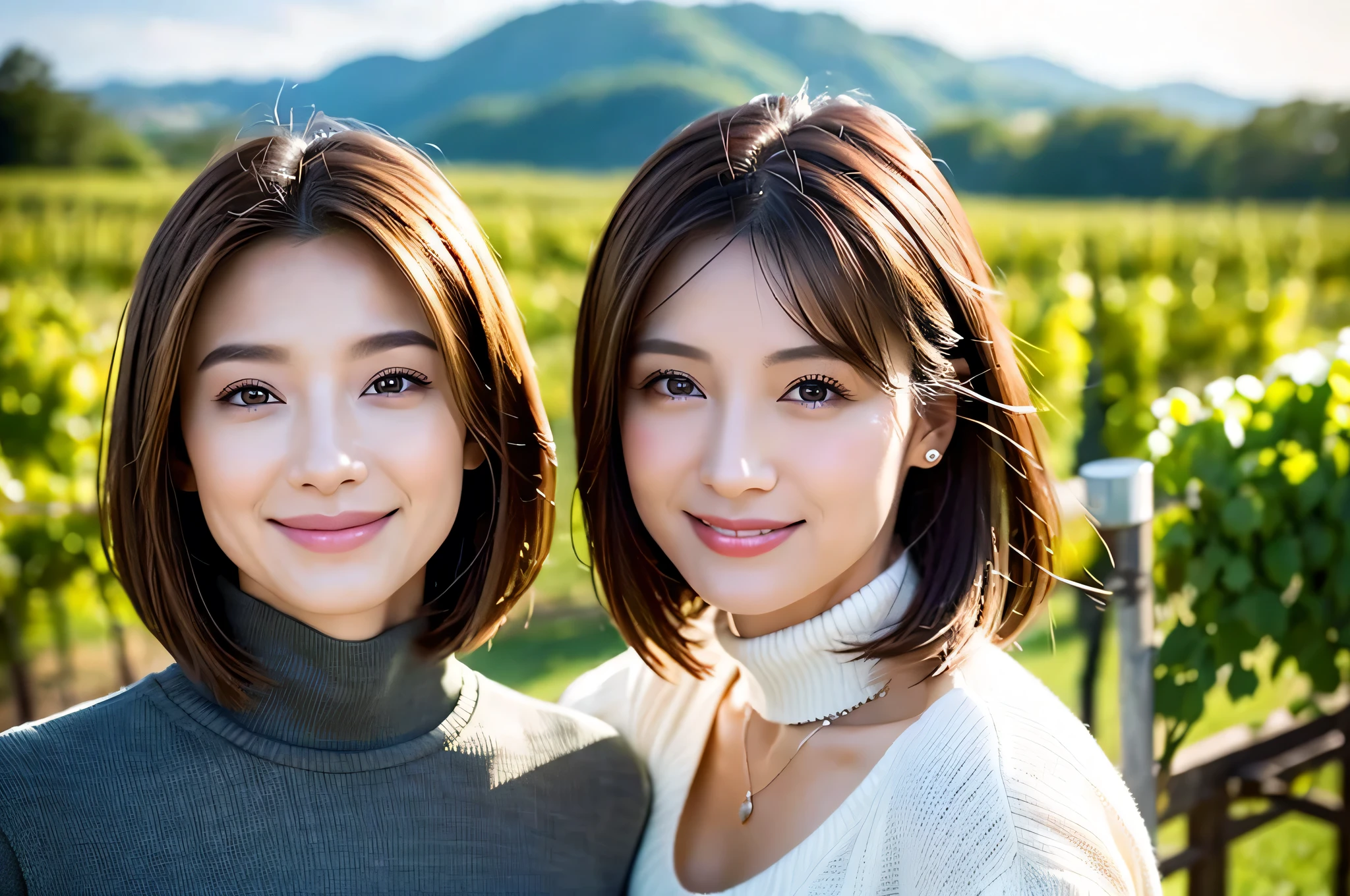 ((White Wine)),(( wine glasses)),(realistic, superrealistic:1.4),,((White Wine)),(( wine glasses)),(top quality , 8k , 32K , masterpiece , Ultra high definition with front hair :1 . 2) , images of beautiful Japanese women , very short bob hair , sweater , necklaces ,from above , audience of Navel Communication ,Age 35,Age 33, The beauty of Japan ,shortcuts,so beautiful, turtleneck dress、happy smile、 short hair, best smile、slim couple、Model Couple, amazing views of the sky and clouds at dusk, DSLR camera with your hidden hands ,detailed background, UseVolume Lighting,sit in an outdoor chair without hiding your body、sharp concentration, super realistic skin, so beautiful expression , cloud effect :1.2、professional high image quality、top quality, slender body ,High quality face,detailed eyes, beautiful lips, Excellent light particles ,(RAW photo), (realistic), (masterpiece), (top quality), ( Volume Light ), portraits ,brown hair, beautiful eyes, Order Order, so beautiful眉毛, very beautiful skin, so beautiful mouth, so beautiful鼻,happy smile