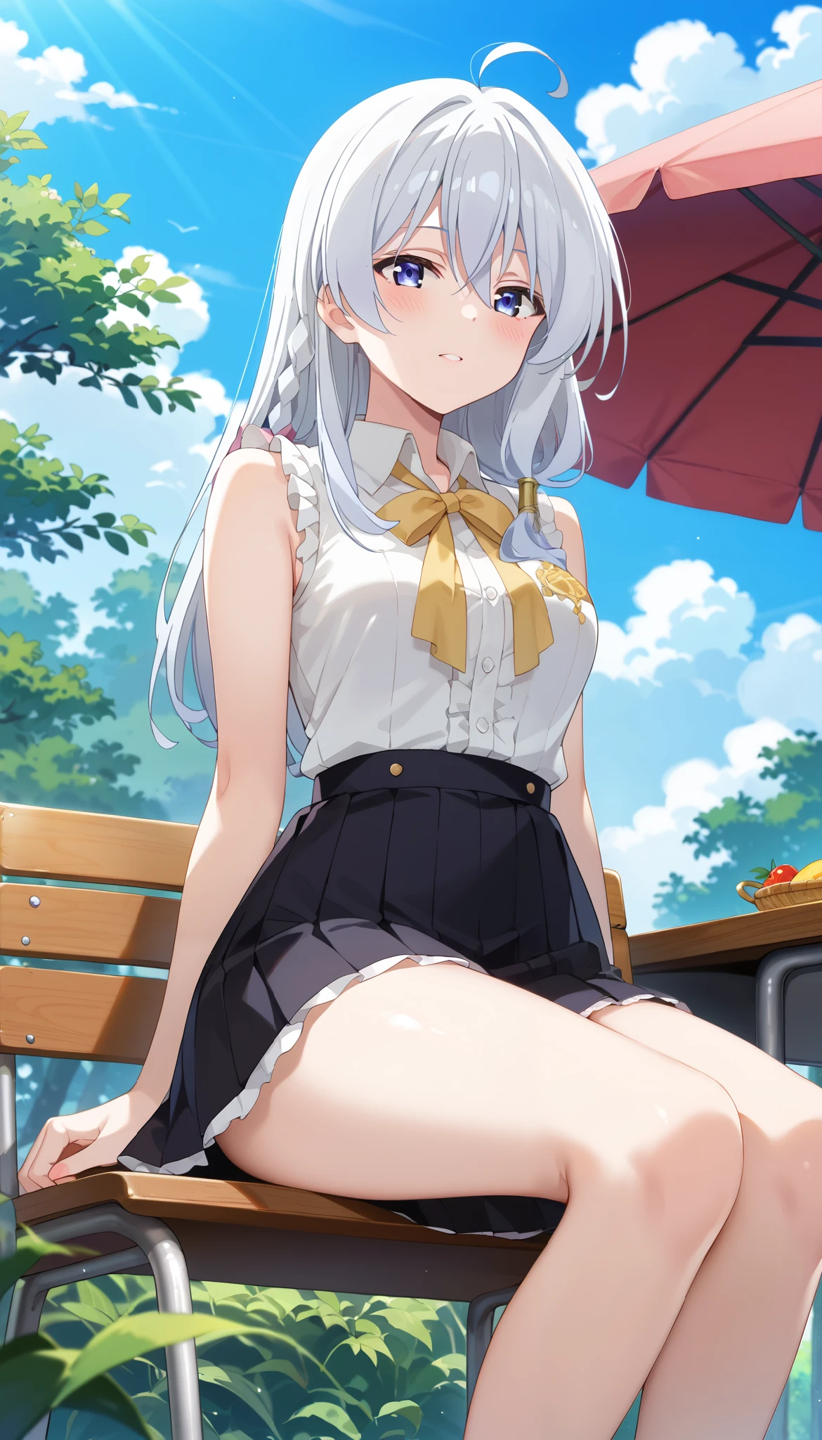Elaina (Majo no Tabitabi)、white sleeveless shirt、black skirt、Slim and beautiful thighs、 Silver Hair、1 person、Outdoors、low angle、chair in a half-sleeping position、Ulchan-6500-v1.1, ( RAW photos :1.2), beautiful detailed, very detailedな目 美しい目, beautiful eyes、Blue eyes、large file size, high definition, very detailed, top quality, [masterpiece:1.6], Awareness-raising, very detailed, finely, top quality, 8K wallpaper,  Perfect Body 、very detailed、sex