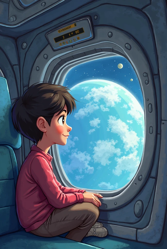 a boy sitting on the spacecraft which is addressing towards moon remember one thing that the face of the person is clearly in front