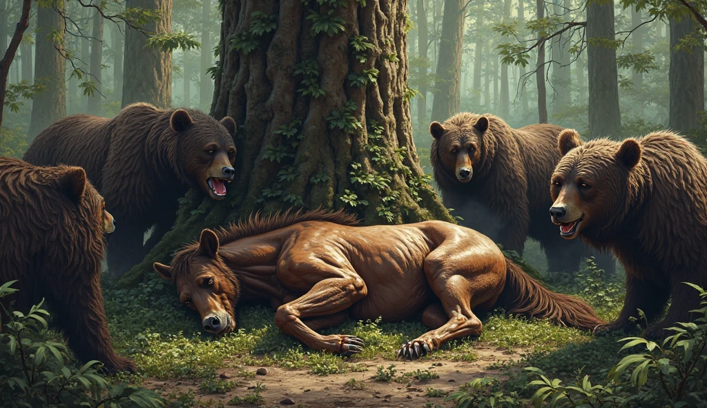 A hyper realistic, ultra detailed image, ((((((human lying on back, women, facesitting, vaginal scat)))))), ((((nude, front view, feral, women on feral bear, human head, bear pussy, bear tail, standing, human women, duo))))), realistic, detailed background, (((((duo, bear pussy, women, feral bear, bear tail, standing, anal rimming, excessive urine, scat on stomach, excessive anal scat)))))