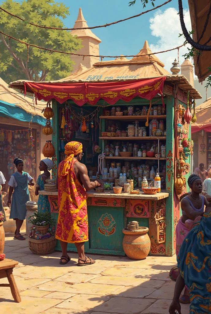 An African kingdom of the 19th century full of African people, African markets, vegetation, African sculptures,  beautiful sunrise shining, with beautiful iridescent light, artgerm style, 32k, ultra HD, unreal engine rendered, hyper-realistic image --auto --s2