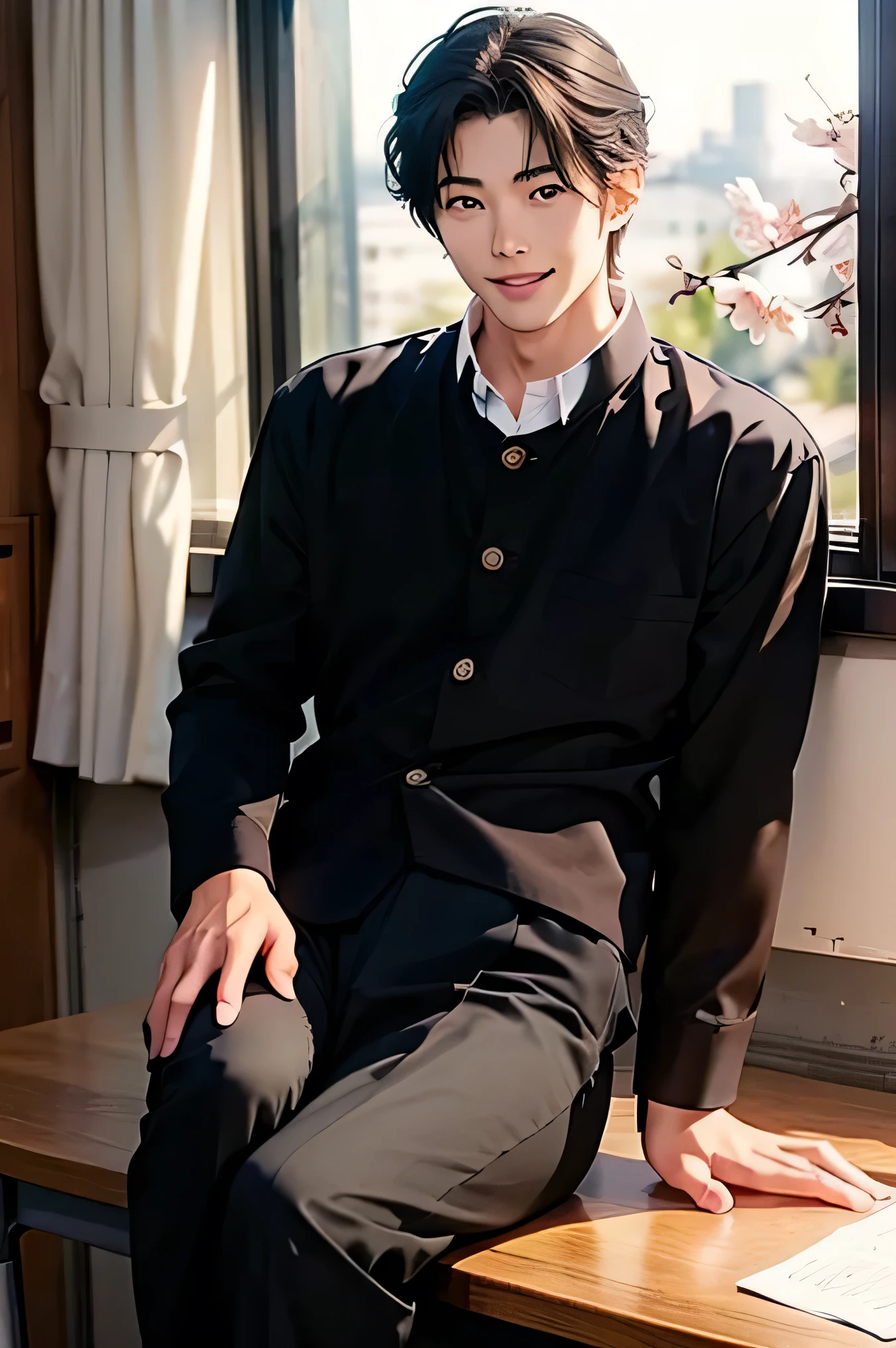  Japanese man 　　handsome　　smile　In the classroom　school uniform　Black school run　Cherry blossoms bloom outside the window 　　 　 　　lower body is mega-mockori white brief　Boasting Mokkori 