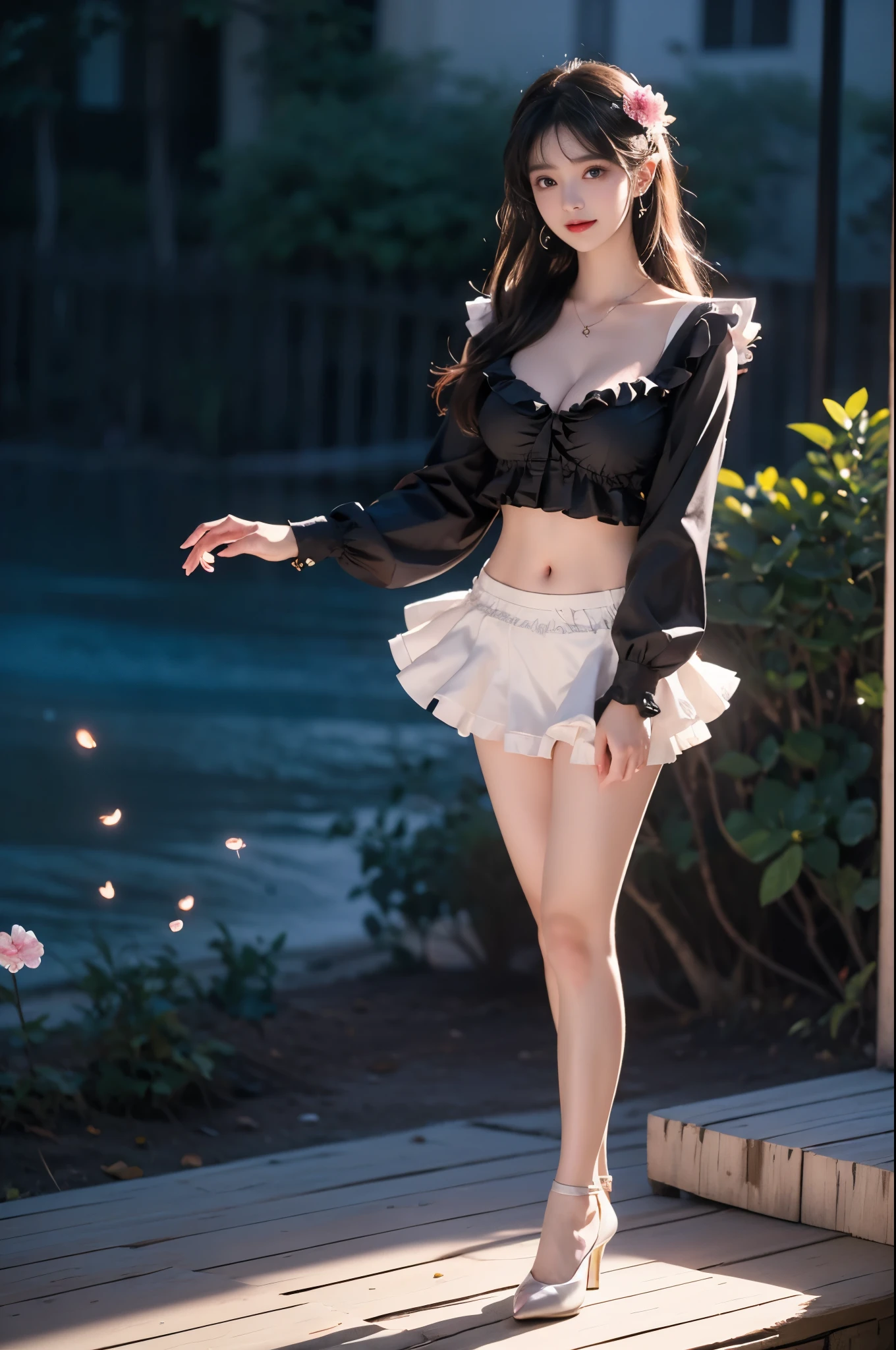 frilled shirt collar, long sleeves, frilled panties, shrug \(clothing\), crop top,black panties, black shirt, frills  ,,(full body:1.3),  A stunningly beautiful woman standing gracefully,(Night:1.3, moonlight:1.2, fireflies, blue plasma flames),  (elegant standing pose:1.2), (seductive leg pose:1.3), (Full bust, visible cleavage, Very short hemline), natural lighting, soft shadows, shallow depth of field, professional photography.        defined cheekbones, expressive eyes, subtle smile, soft and delicate features.        Her hair is flowing and adorned with the flowers, a gentle breeze, creating a sense of whimsy and natural beauty.        A hint of allure,   Focus on the beauty and serenity of the scene.      