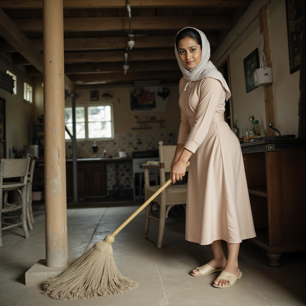 Kurdish woman in hijab nude arm nude shoulder nude breasts cleaning the ground housekeeping view from top