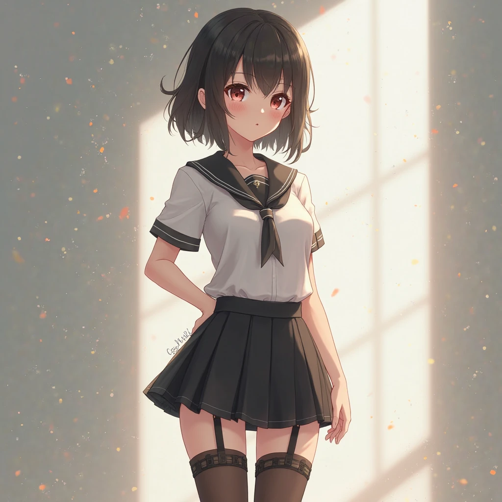 very cute and beautiful girl,(very detailed美しい顔), (smile),blush,black hair,pixie cut,serafuku,navy blue pleated mini skirt,Are standing,from below,white panties, wooden classroom,window,distant tree々and the city, (highest quality,masterpiece:1.2),disorganized,High resolution,Super detailed,very detailed,32k,8K resolution, intricate details,movie scene,detailed background,alone,dynamic angle,