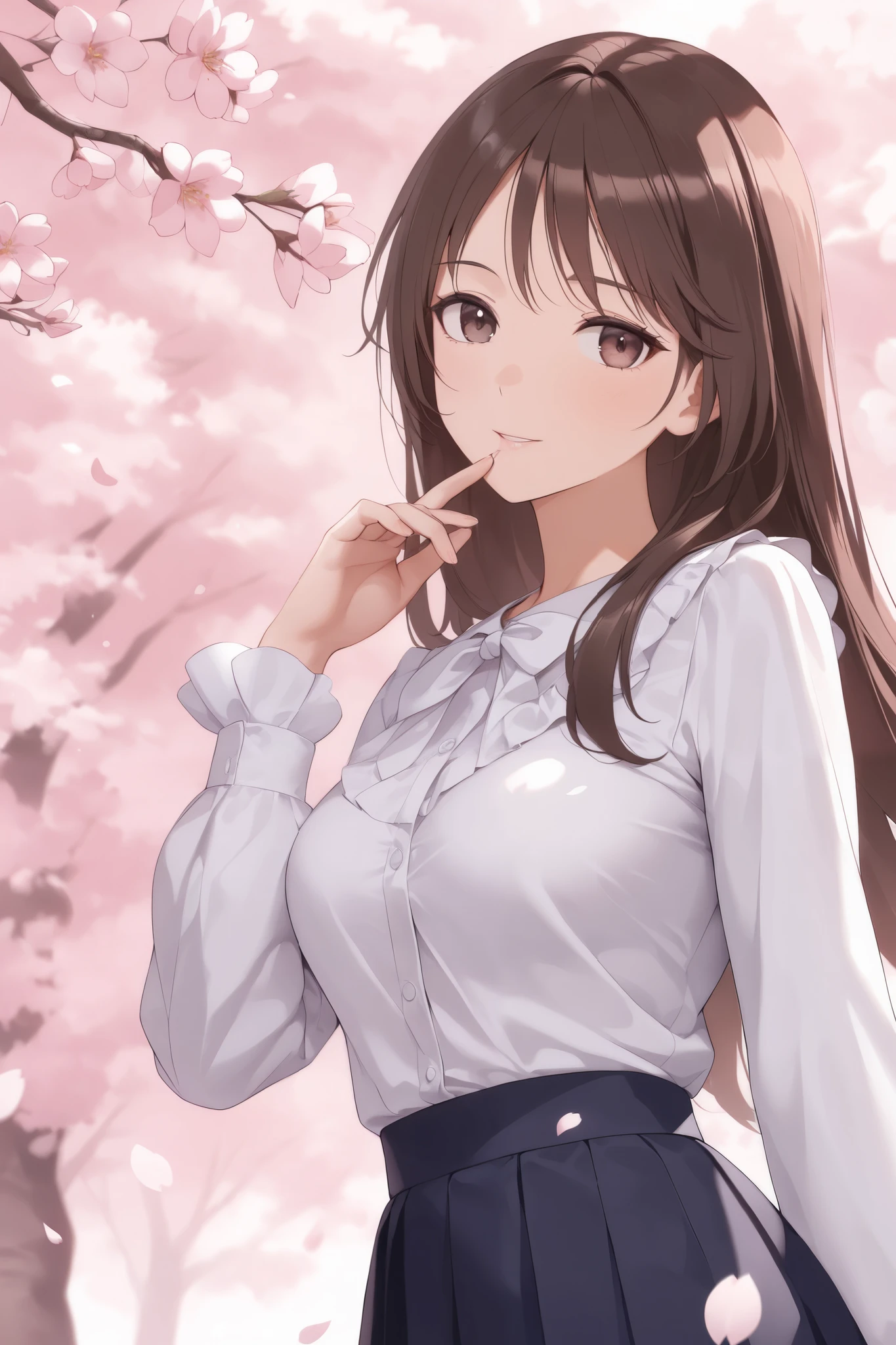 Woman looking at cherry blossoms、 dark brown hair、 long sleeve blouse、skirt