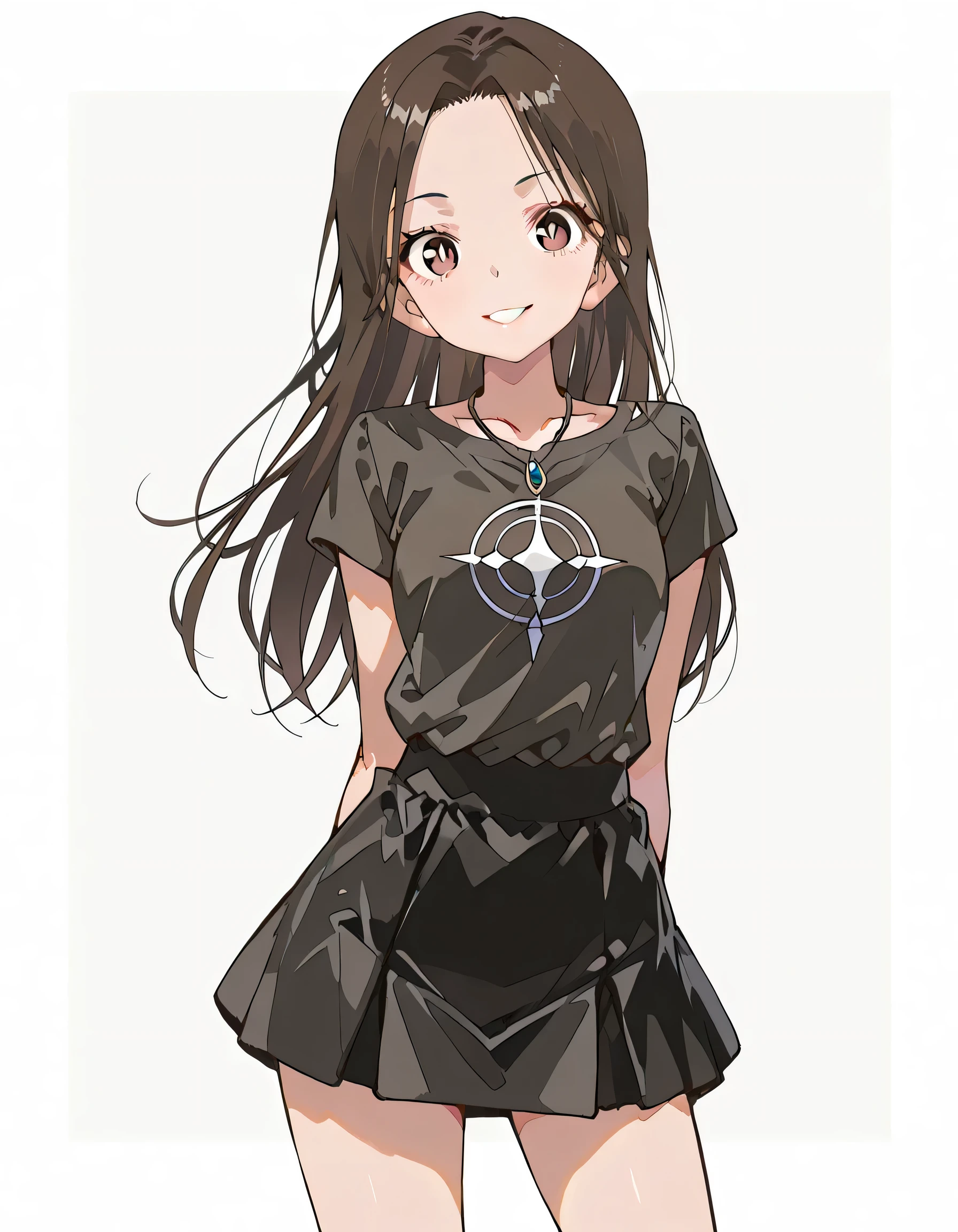 (dynamic standing pose),looking at viewer:1.3,solo,(brown long hair)+,forehead,natural cosmetic,full lips,brown narrow eyes,simple necklace, (exellent fitting black+ shirt), tight mini skirt,arm behind back,nice legs,smile,soft lineart,(white color background)