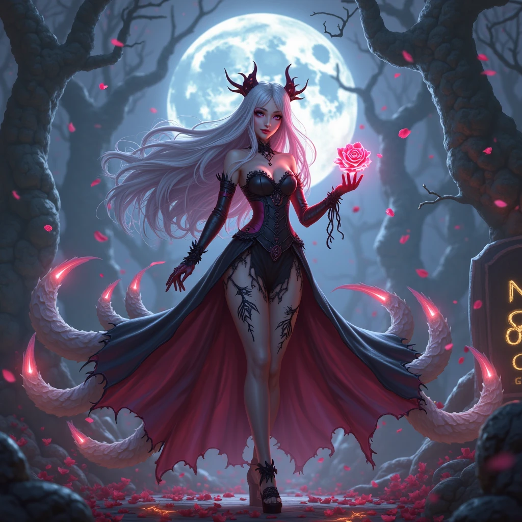 full body female elf warlock, dark woods in the background, small fairies flying amongst the trees, red and purple hair, large breast, wizard robes open, sexy black and blue corset , fancy hair ornaments, blood moon in the nighttime sky, magical glowing tattoos, wings, jeweled choker