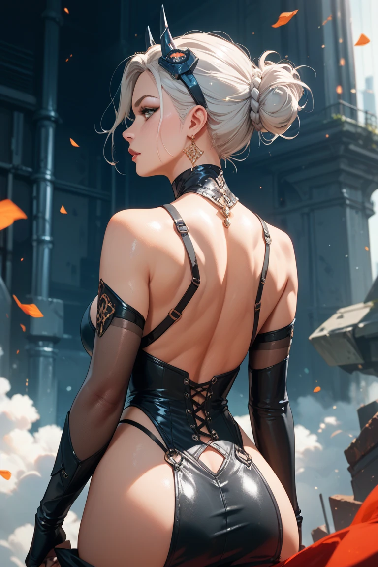 [best quality,4k,8k,(masterpiece:1.2),ultra-detailed,realistic,photo-realistic:1.3, attention to detail,4K],{night},ultra detailed body ,sexy mature Ciri, bustier, high heel boots, high bun, short dress, stockings, medieval street, small firm fit body, thick tights, highly detailed body, lean against wall,{view from behind}, [standing up, full body view] sexy pose