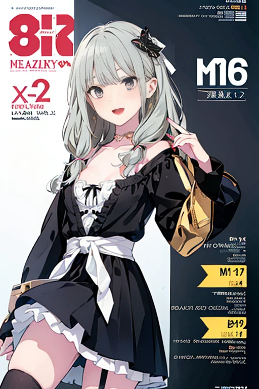(Best Quality, 16 K, ultra-detailliert, Photorealistic, Beautiful skin, Professional Lighting){{{masutepiece}}}, Best Quality, Full body, Staring,Meltrilith - Fate Grand Order,Black and white cow print bikini, NSFW, Upper body ,deadpan, Mansuji, 独奏, Moe Sleeve, Long blue hair, Blue eyes,(Woman on the cover of a magazine:1.5),(Engrave a magazine logo), (Magazine Text), (magazine title:1.1),nipple slip