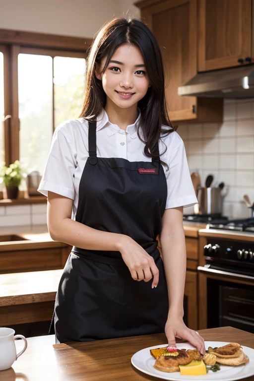 Tabletop, highest quality, shape, Very detailed, In detail, High resolution, 8k wallpaper, Perfect dynamic composition, Beautiful details, apron,Medium Hair, Center of chest, Natural color lip, Random sexy poses,smile,Tower apartment，kitchen