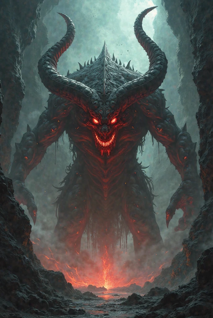 ((high resolution, masterpiece)), demon with wings, extremely detailed face, (emaciated body and monstrous face), molten lava flowing in the distance, (landscape devoid of life), (the demon's eyes glowing red), desolate land, Beautifully color graded, photorealistic, ultra photoreal, ultra-detailed, (glowing dark red), ((matte black dominates)), (((ancient scroll in hand)))