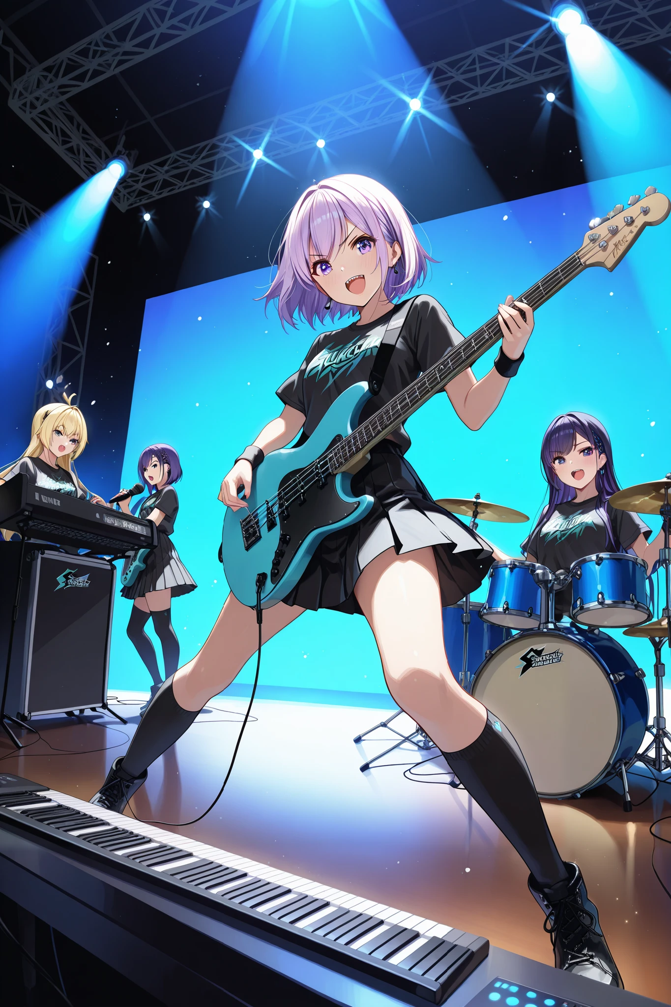 A dynamic all-girl rock band performing on stage, mid-performance with energetic poses, vibrant stage lighting in purple and blue, five young women with diverse instruments (electric guitar, bass, drums, keyboard, vocalist with microphone), detailed musical instruments, concert atmosphere, enthusiastic expressions, motion blur suggesting movement, high energy performance, detailed clothing with band logo, professional photography, sharp focus, high resolution, cinematic lighting, detailed textures, 8k ultra detailed