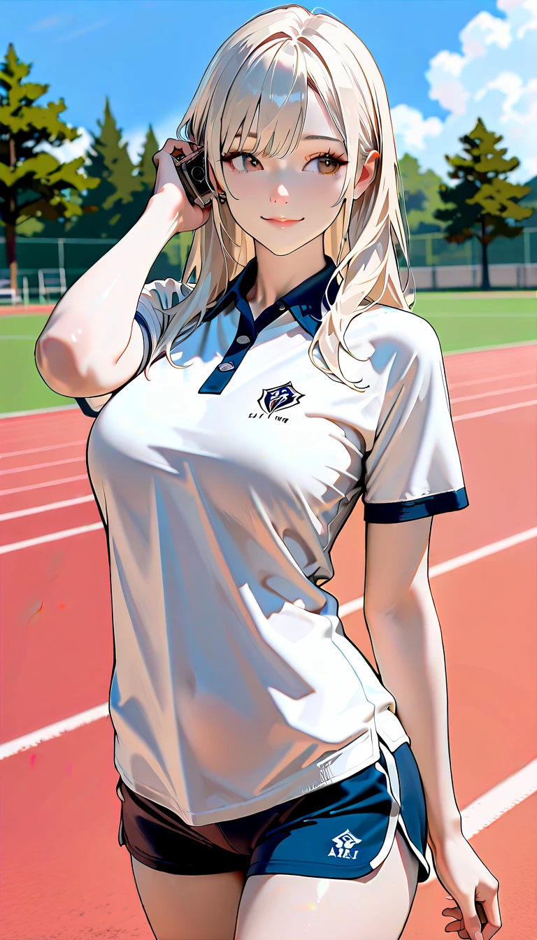 Masterpiece, best quality, very detailed, Ultra high resolution, (photorealistic:1.4), raw photos, (realistic:0.2), 1 girl, alone, long hair,,8k hdr, 1 girl,Blonde hair, medium-large breast, bright eyes, , medium-small breasts,Wear a football shirt,Spread your legs, Ball Field