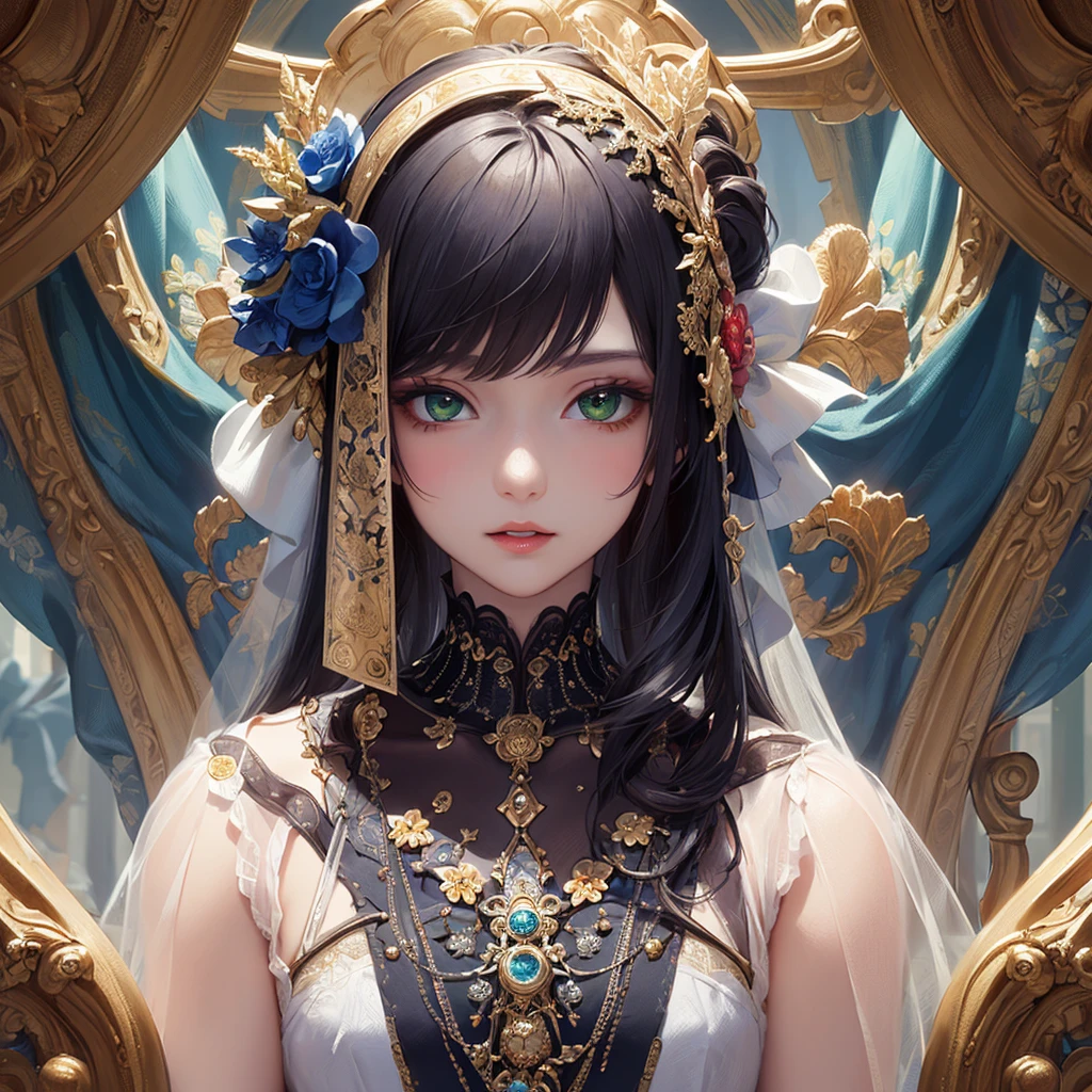 (masterpiece、top-quality、top-quality、Official art、Beautifully Aesthetic:1.2)、(1girl in)、ighly detailed、(Fractal Art:1.3)、colourfull、highestdetailed、A dark-haired、Longhaire、straight haired、Bangs、The background is blue tone、