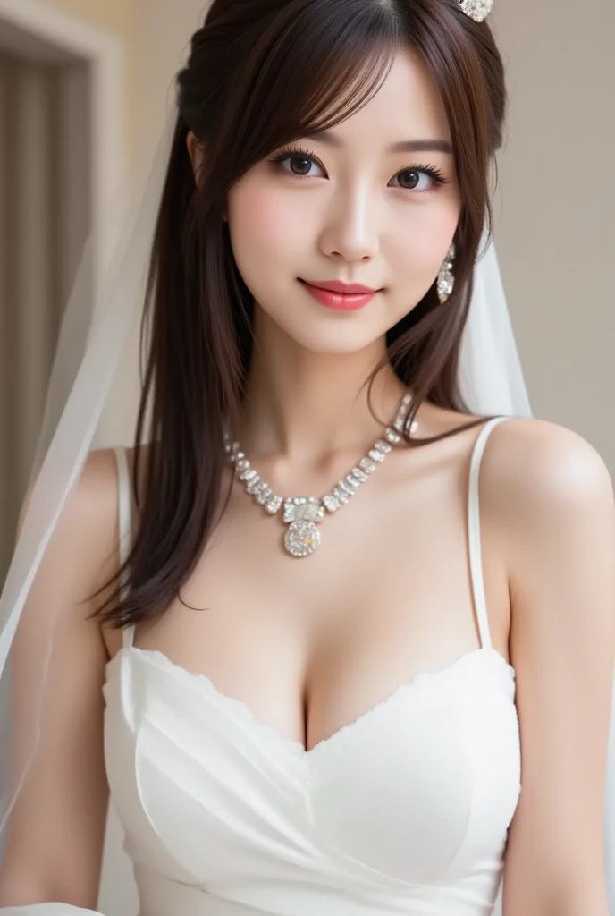 (best quality,4K,8k,highres,masterpiece,ultra-detailed:1.2),(realistic,photorealistic,photo-realistic:1.3),
young woman,Black Hair,Wedding dress,Medium_breasts,Clavicle dashi,Cleavage,