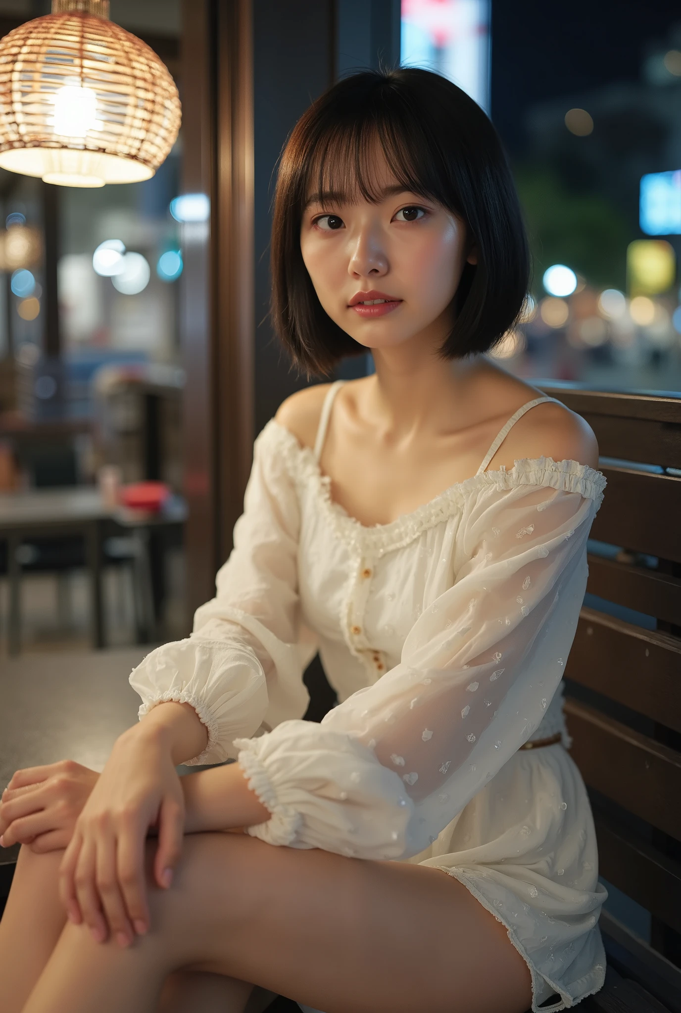 Create a portrait of an adorable Japanese idol with a semi-short hairstyle, showcasing an elegant spring outfit. She has a slender physique, small chest, and thin legs. The background should depict a nighttime cafeteria in a city, enhanced with dramatic lighting to emphasize the ambiance and her features.