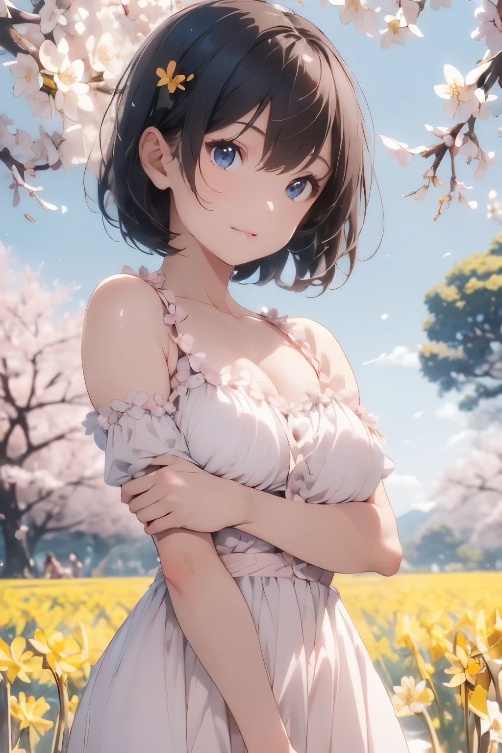 Beauty, Ecchi Body、cute look、anime style、night countryside background、Cute outfit、black hair、Midnight time、big boobs、short hair、4K、high resolution