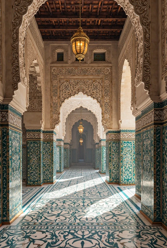 "Visualize an interpretation of Marrocos tradicional architeture. Integrate realistic colors and sharp angles, to convey a sense of movement and tension. Play with perspective and layers, to create a multidimensional composition, that questions traditional notions of space and form. Get inspired and see nature in an innovative new light.. Unleash your creativity, as you bring this imaginative scene to life on screen. Show Moroccan tile flooring. Earthy tone image