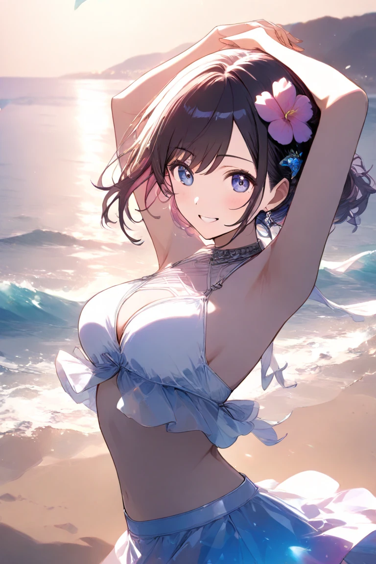 (NSFW)、beautiful young woman,perfect body and beautiful big eyes, perfectly slim and thick body, short and wavy hair, hair band, micro bikini with delicate print, play on the beach, tropical island, Happy, smile gently, Open, That's a perfect face, mute tone, in the atmosphere, clean lines, Complex, Super detailed, realistic, 8K、nipple、