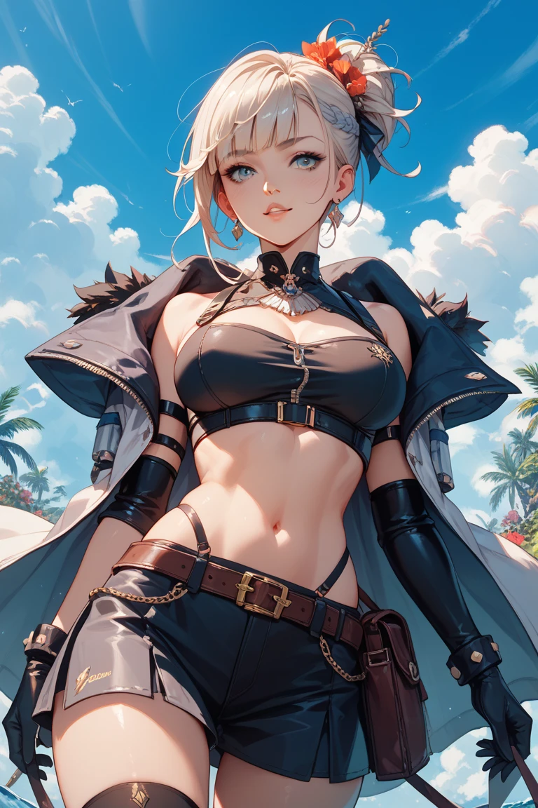 GRANBLUEfantasy,1young_teen_ girl,brown_hair,medium_bob_hair,platina_blond_hair,white_leotard,covered_crotch,thigh-highs,smile,standing,bluesky_landscape_background,slightly_spread_legs,happiness, short_gloves ,solo, r18, navel,relicbuster,short,boots,