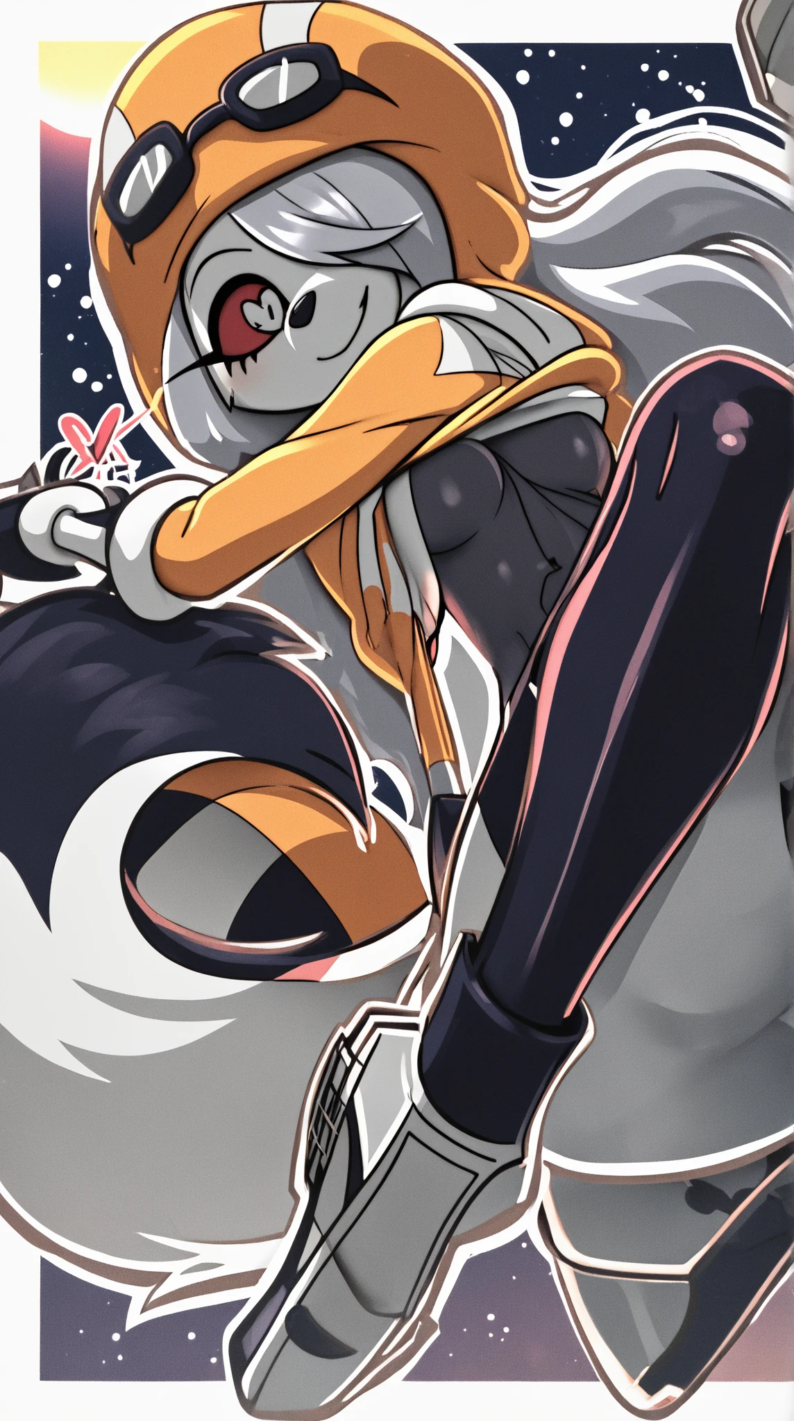 ultra-detailed), prison1, one eye closed, solo, hair ornament, gloves, v, braid, blue hair, open mouth, carrot hair ornament, food-themed hair ornament, rabbit ears, animal ears, double v, smile, twin braids, looking at viewer, long hair, black gloves, white hair, thick eyebrows, multicolored hair, blush, don-chan (usada pekora), rabbit girl, two-tone hair, twintails, orange eyes