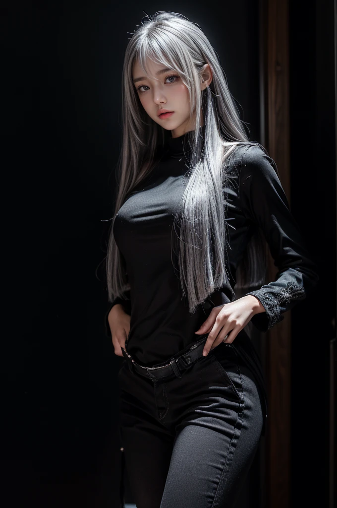 black underwear,{{Normal position}},{{{straight hair}}},open thighs,sitting on the bed,アーモンドshapeの目,{{{{{silver eyes}}}}},{{{{{dull bangs}}}}},(slanted eyes},{{{Silvery pubic hair}}},{{whole body},{{{1 girl}}}, long hair, straight hair,{{{{silver hair}}}},{{{tsurime}}},36 years old,{{{naked}}},{{nude}},{Medium chest},{{bush}},silver eyes,NSFW,{{{masterpiece}}}, {{{highest quality}}}, {{Super detailed}}, {shape}, {{very delicate and beautiful}},very detailed,detailed perfect,detailed hyper,Abundant thighs,big ass