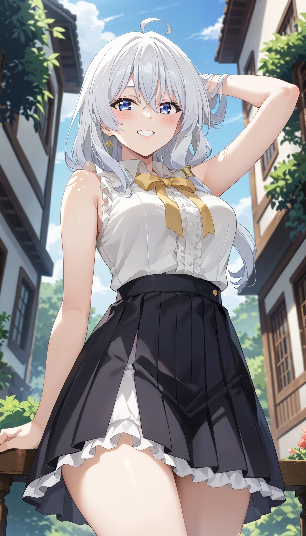 Elaina (Majo no Tabitabi)、white sleeveless shirt、black skirt、Slim and beautiful thighs、 Silver Hair、1 person、Outdoors、((low angle))、((arm raise pose))、smile、Ulchan-6500-v1.1, ( RAW photos :1.2), beautiful detailed, very detailedな目 美しい目, beautiful eyes、Blue eyes、large file size, high definition, very detailed, top quality, [masterpiece:1.6], Awareness-raising, very detailed, finely, top quality, 8K wallpaper,  Perfect Body 、very detailed、blushes