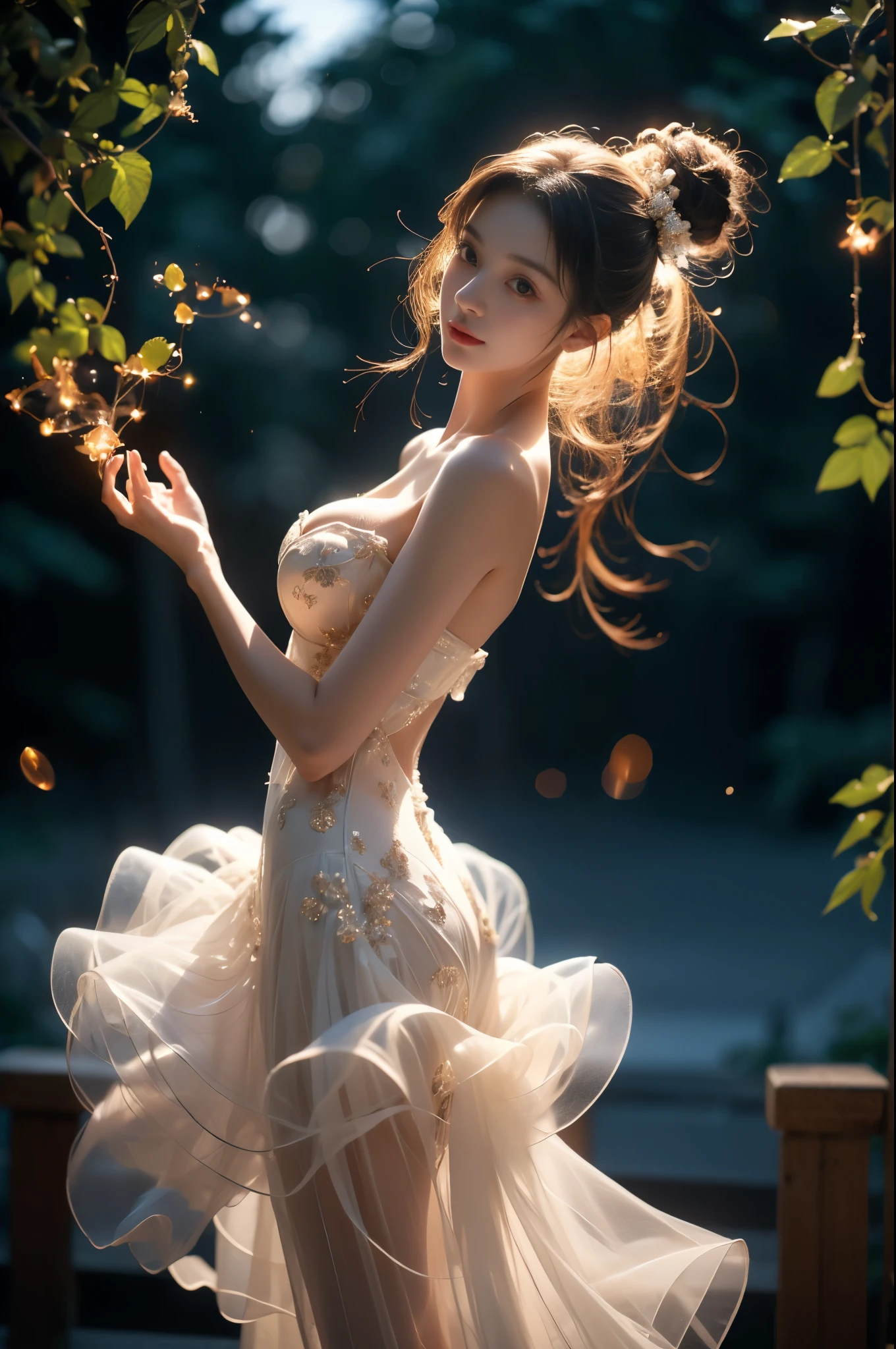 ,,(knee shot:1.3), A stunningly beautiful woman standing gracefully,(Night:1.3, moonlight:1.2, fireflies, blue plasma flames), (elegant standing pose:1.2), (seductive leg pose:1.3), (Full bust, visible cleavage, Very short hemline), natural lighting, soft shadows, shallow depth of field, professional photography. defined cheekbones, expressive eyes, subtle smile, soft and delicate features. Her hair is flowing and adorned with the flowers, a gentle breeze, creating a sense of whimsy and natural beauty. A hint of allure, Focus on the beauty and serenity of the scene.