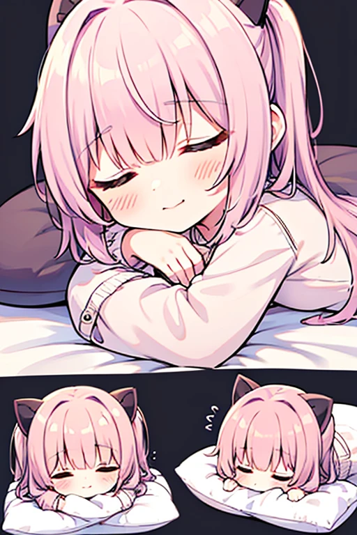 Located on the bed in the bedroom，A little girl with pink hair lying on the bed（Pink double ponytail，Cat ears，裸体的女孩，No clothes，Wearing a naked，Petite body，Fat buttocks，A girl with closed eyes）