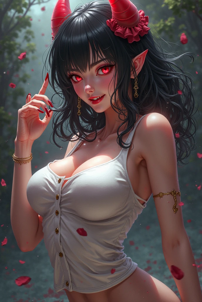 chibidragon, Dal 3, dragon, dragon tail, dragon wings, dragon horns, landscape, nature, Tree, Grass, Dappled light, red eyes, cat eye, slit pupil,detailed eyes, detailed hands, detailed eyes, elf woman, flowers, wet hair, laying on bed, flowers