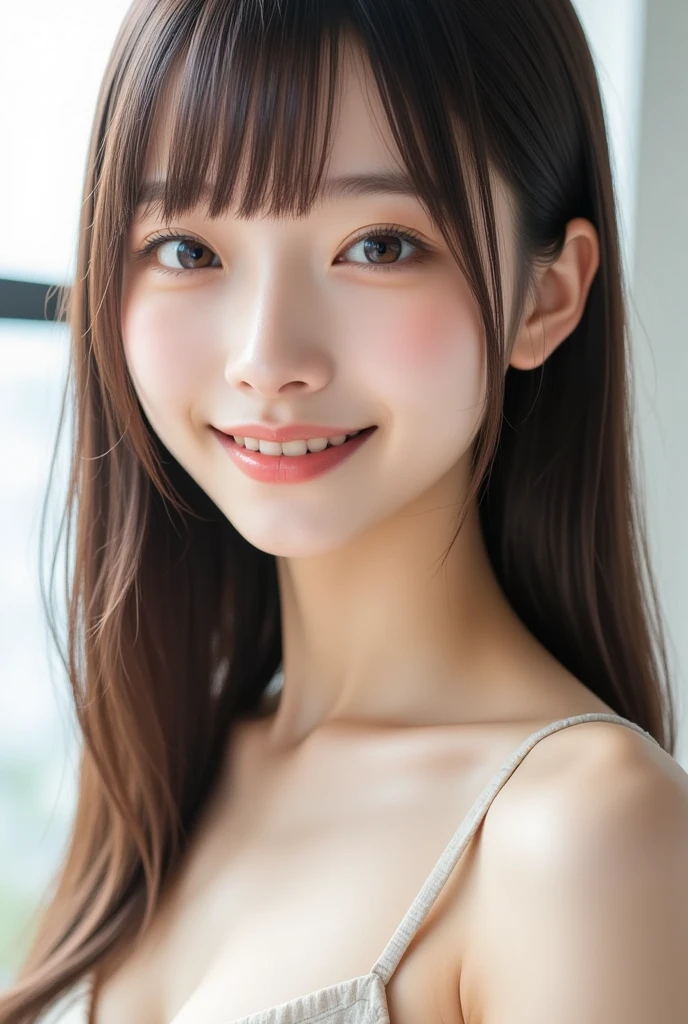 (masterpiece, Highest quality: 1.4), , alone, Beautiful Face, 8k, Absurd, Upper Body, Blue camisole, looking at the camera, No makeup, Film Grain, chromatic aberration, Sharp focus, Bright Face, Sophisticated, (smile: 0.5) ) ), room, indoor, Gentle light [:Detailed aspect:10]