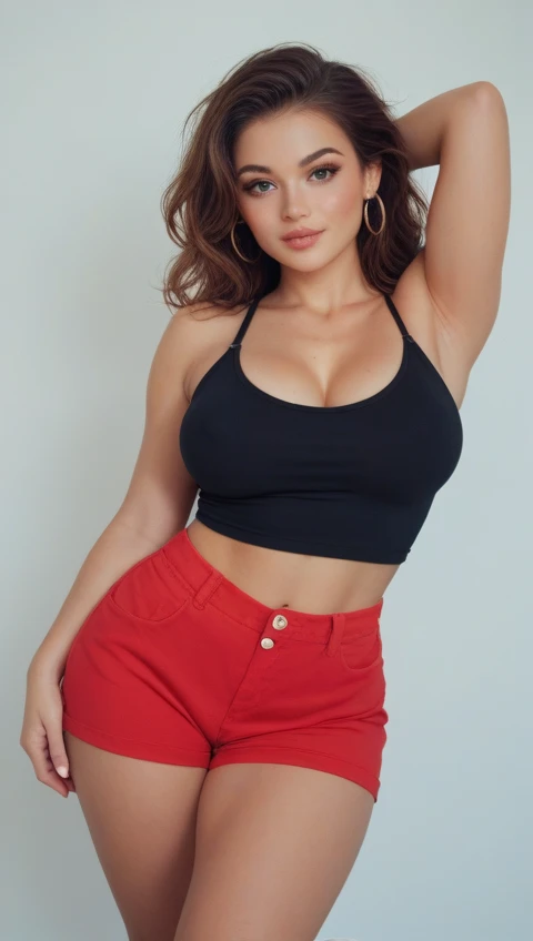 Hyper-realistic, highly detailed, Very cute female, bright red hair, green eyes, clothes black shirt, blue jean pants, pouty, 70mm lens, thick, curvy slim body shape, small breasts. Pose behind, slim round butt