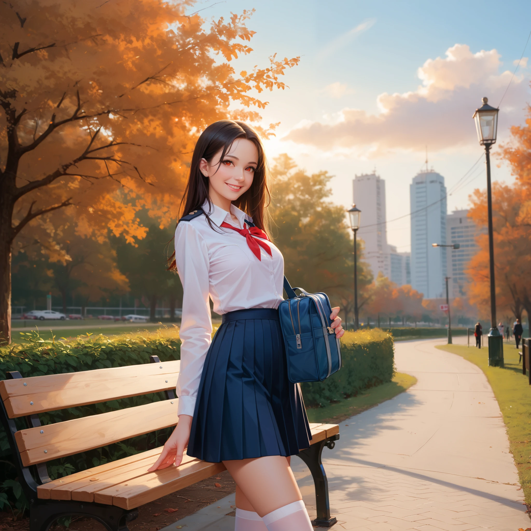 country(Azur Lane),(origin),schools_uniform,1 girl,Alone,outdoor,viewers,masterpiece,Best Quality,super detailed,illustration for both eyes,null,cloud,tree, bench,sunshine, Smile, pose , relax,4K,8k,high definition,Masterpiece,ULTRA DETAILS,realistic,photoshoot,Painting,bright colors,Bokeh