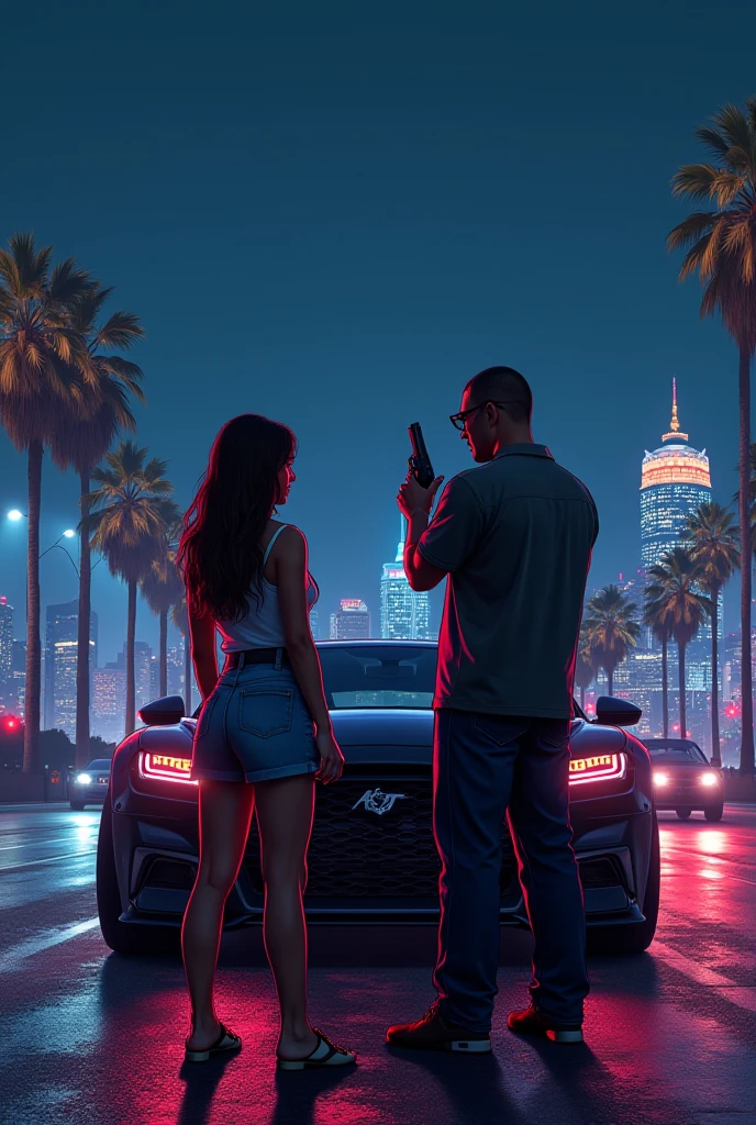Create a dramatic distorted image in black and white anime format with a colored highlight spot, a person being controlled like a puppet leaning against his luxury car, wearing a gold and shiny watch and necklace with a woman in short sensual clothes by his side. Ao fundo, blurred social media likes and logos. The two people are actually puppets being controlled.